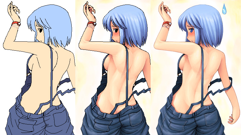 noise (tsuzuki), original, making-of available, 1girl, armpits, ass, blue hair, breasts, butt crack, multiple views, naked overalls, overalls, pixel art, short hair, sideboob, strap slip, watch, wristwatch