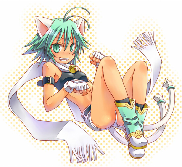 umetani chigusa, beryl (shinrabanshou), shinrabanshou, 1girl, animal ears, antenna hair, armlet, armpits, bell, belt, cat ears, cat tail, dark-skinned female, dark skin, fang, female focus, fingerless gloves, flat chest, full body, gloves, green eyes, green hair, grin, halftone, halftone background, jewelry, jingle bell, matching hair/eyes, midriff, multiple tails, nekomata, scarf, short hair, shorts, smile, solo, tail, two tails, white scarf