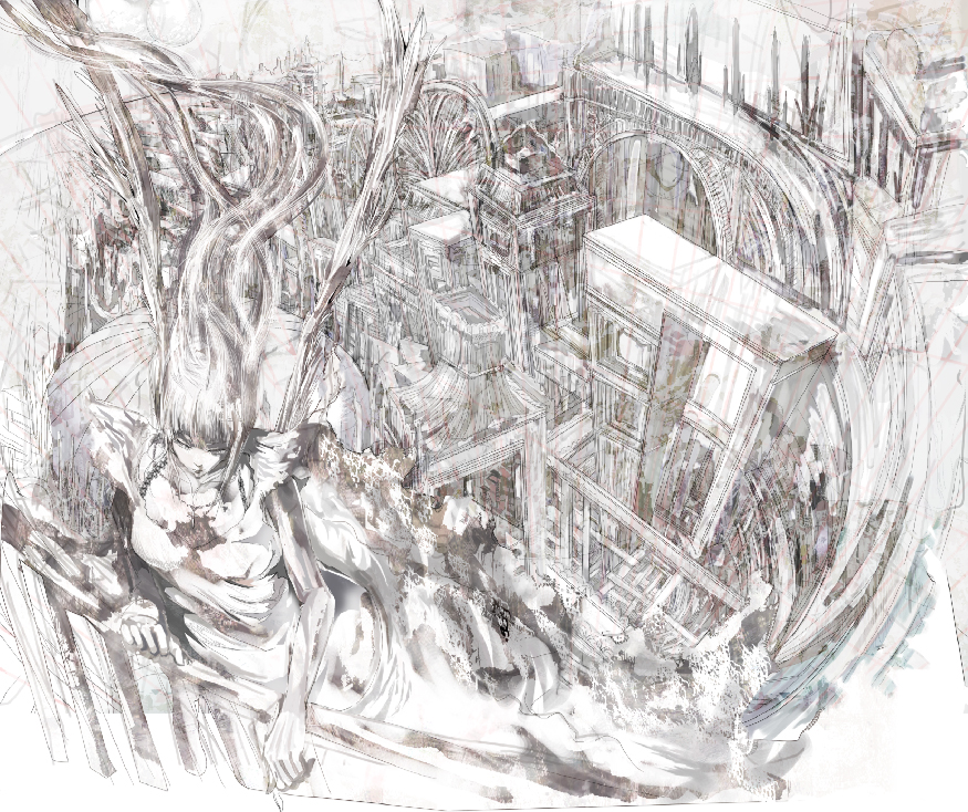tanupo, 1girl, city, distortion, female focus, greyscale, long hair, monochrome, solo