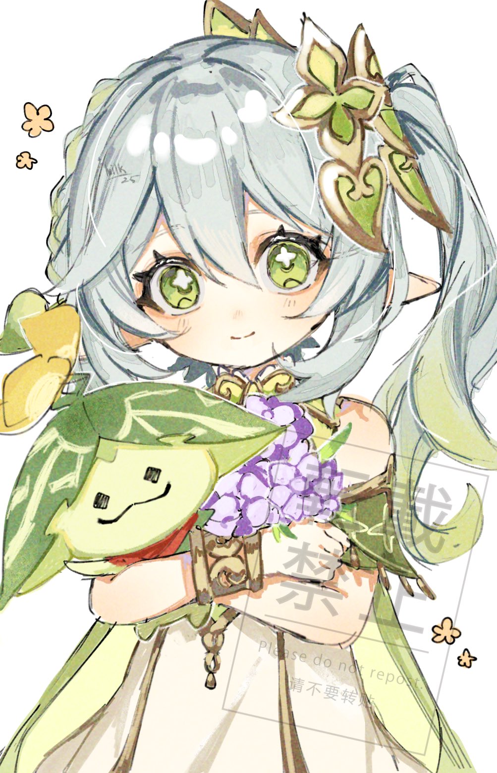milk3 252, aranara (genshin impact), nahida (genshin impact), genshin impact, commentary, hashtag-only commentary, highres, 1girl, bare shoulders, blush, bracelet, closed mouth, cross-shaped pupils, dress, gold trim, gradient hair, green eyes, green hair, hair between eyes, hair ornament, holding, jewelry, long hair, looking at viewer, multicolored hair, pointy ears, side ponytail, simple background, sleeveless, sleeveless dress, smile, solo, symbol-shaped pupils, watermark, white background, white dress, white hair