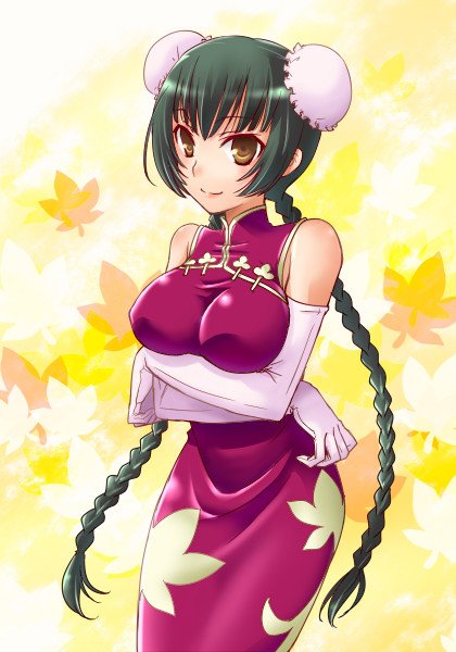 umetani chigusa, wang liu mei, gundam, gundam 00, bad id, bad pixiv id, 00s, bare shoulders, black hair, braid, brown eyes, bun cover, china dress, chinese clothes, crossed arms, double bun, dress, elbow gloves, gloves, smile, solo, tight clothes, twin braids