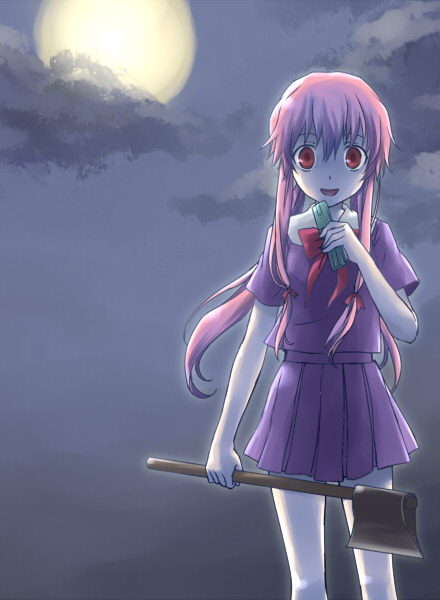 umetani chigusa, gasai yuno, mirai nikki, bad id, bad pixiv id, axe, moon, pink hair, red eyes, school uniform, serafuku, solo, weapon, yandere