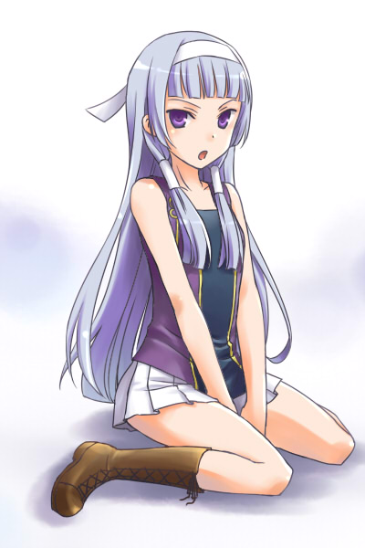 umetani chigusa, nagi, kannagi, 00s, 1girl, blue eyes, blue hair, blunt bangs, boots, female focus, hair tubes, hairband, kneeling, matching hair/eyes, pleated skirt, skirt, solo, white skirt