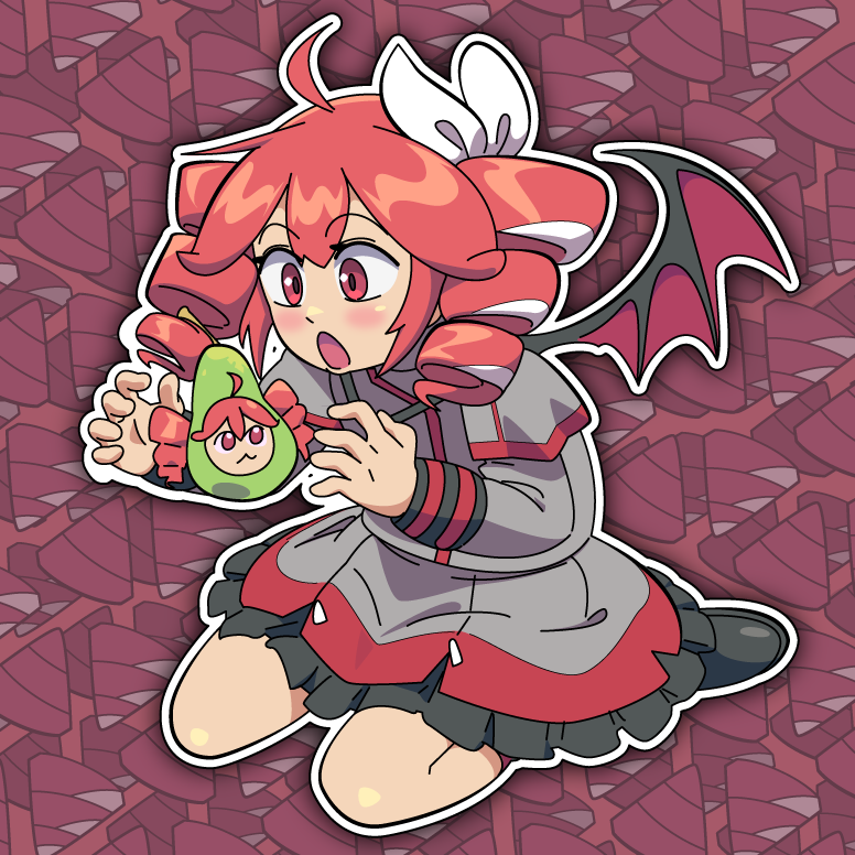 maestro celeste, kasane teto, kasane teto (sv), kasane teto (utau), pearto, synthesizer v, utau, ahoge, bow, buttons, demon wings, double-breasted, drill hair, food, fruit, grey jacket, grey skirt, hair between eyes, hair bow, hair ribbon, jacket, light blush, long sleeves, looking at another, open mouth, pear, red eyes, red hair, ribbon, shoulder belt, sitting, skirt, solo, twin drills, wariza, white bow, white ribbon, wings