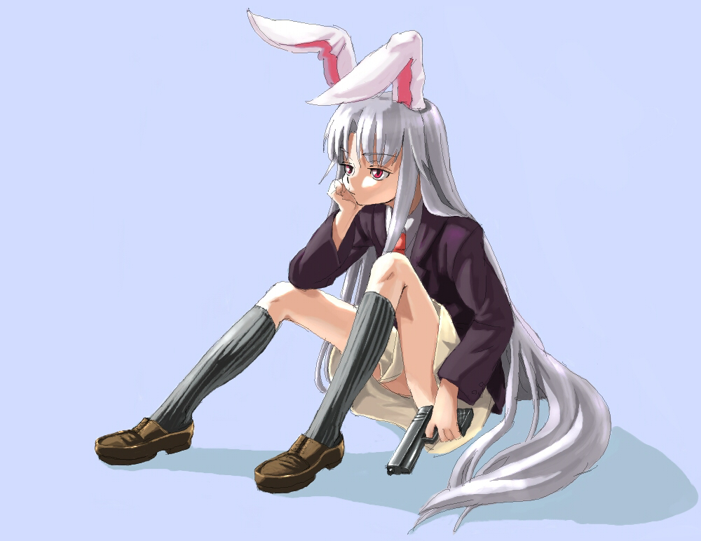 shiba itsuki, reisen udongein inaba, touhou, bad id, bad pixiv id, 1girl, animal ears, blue background, bored, female focus, gun, handgun, head rest, kneehighs, long hair, pistol, rabbit ears, simple background, socks, solo, weapon