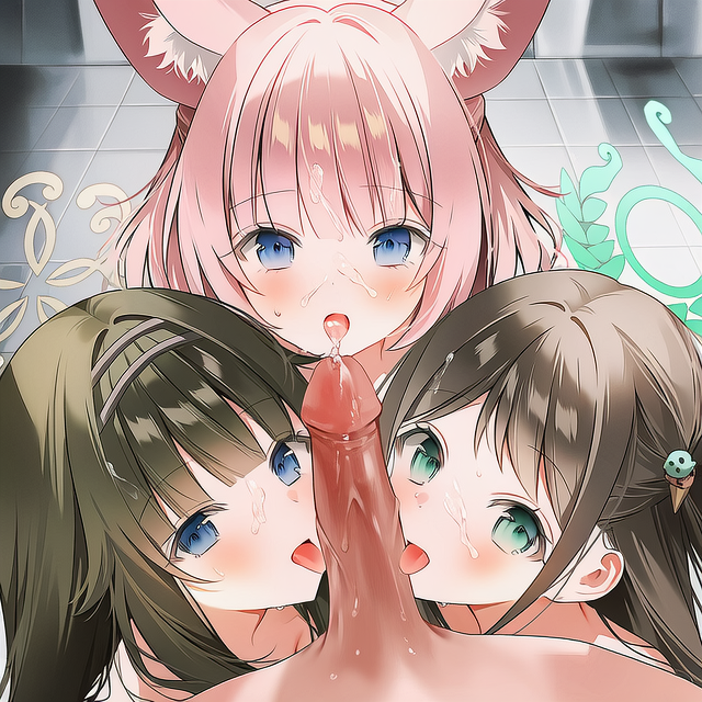 airi (blue archive), niko (blue archive), tsumugi (blue archive), blue archive, ai-assisted, 1boy, 3girls, animal ear fluff, animal ears, black hair, blue eyes, completely nude, cooperative fellatio, cum, cum on body, face focus, facial, fellatio, food-themed hair ornament, from above, green eyes, green hair, hair ornament, halo, ice cream hair ornament, long hair, looking at viewer, multiple girls, nude, oral, penis, penis on face, pink hair, pov, short hair, teamwork (sexual), tongue, tongue out, uncensored