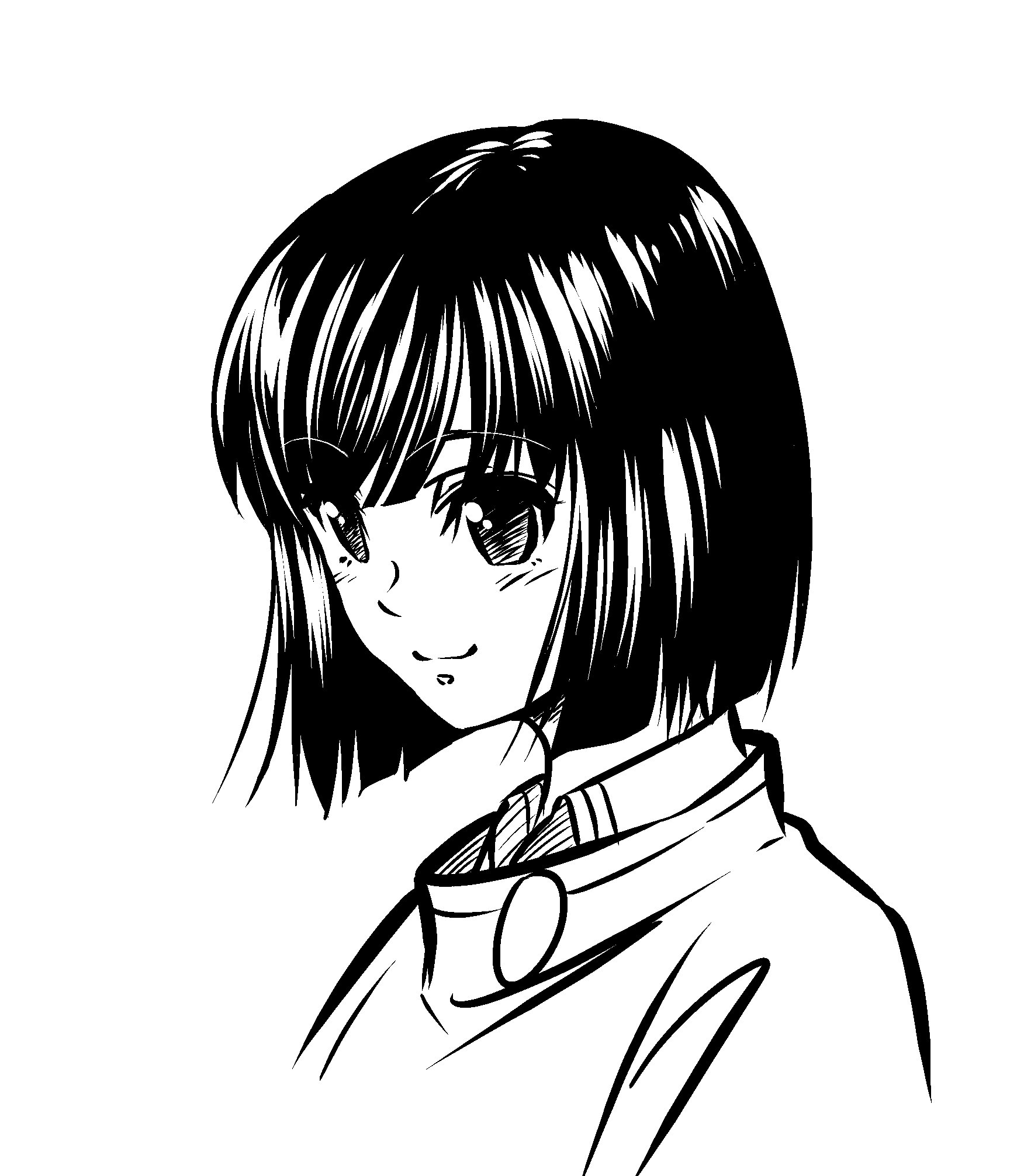 eibon, tachibana yui, chaos;child, science adventure, highres, 1girl, blush, bob cut, from side, greyscale, long sleeves, looking to the side, monochrome, portrait, short hair, simple background, smile, solo, white background