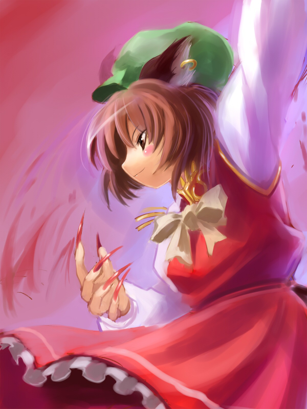 edobox, chen, touhou, 1girl, animal ears, cat ears, cat girl, earrings, female focus, fingernails, hat, jewelry, long fingernails, nail (hardware), ribbon, solo