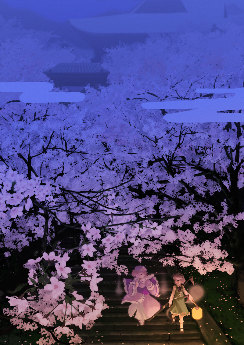 nekoita, konpaku youmu, konpaku youmu (ghost), saigyouji yuyuko, touhou, bad id, bad pixiv id, 2girls, cherry blossoms, female focus, flower, hitodama, lantern, multiple girls, petals, stairs