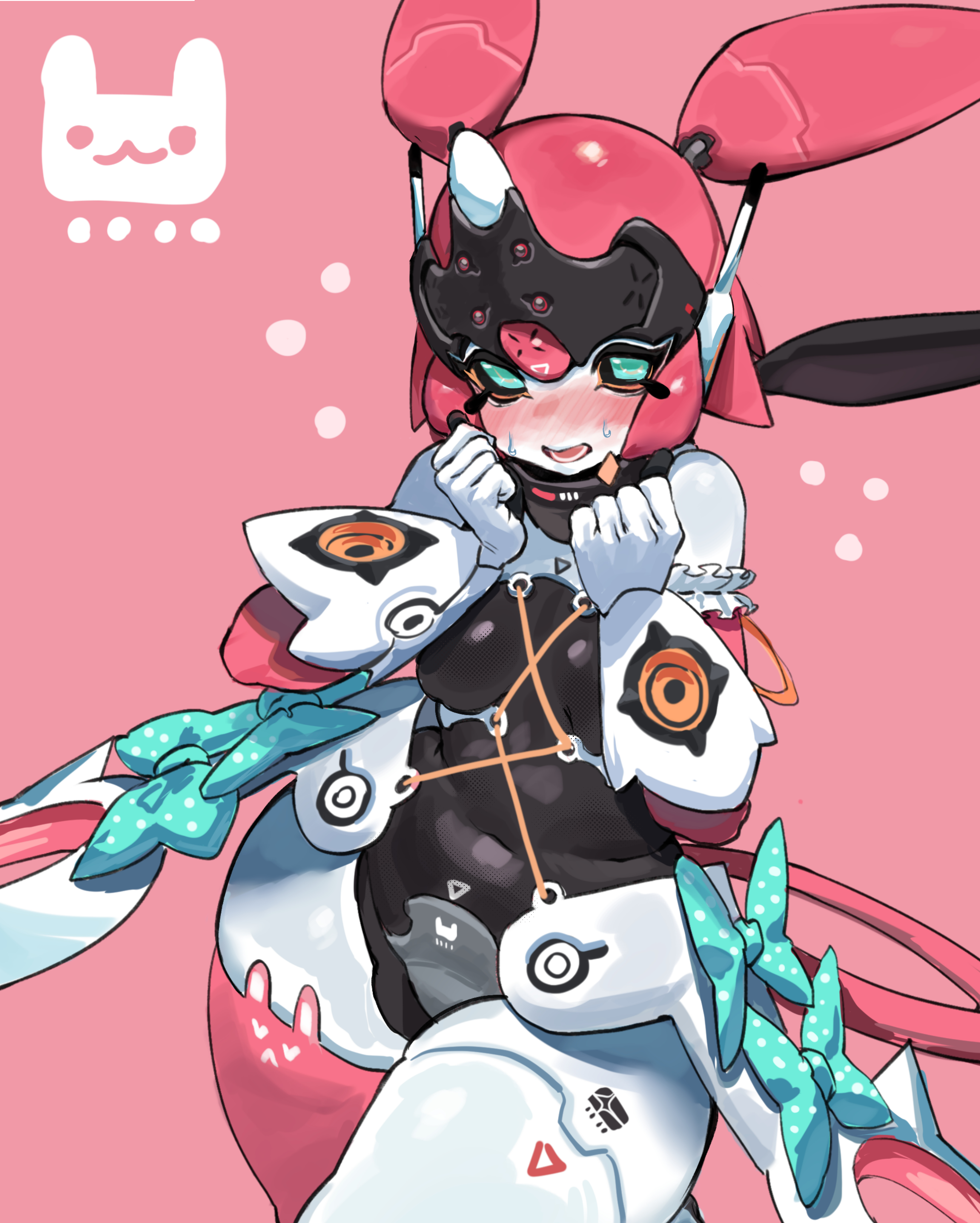 reallycute456, yutane johiel, zenless zone zero, absurdres, highres, 1girl, accessories, blue eyes, blue ribbon, blush, chest harness, circle, gloves, harness, humanoid robot, mechanical arms, mechanical legs, open mouth, pink background, plump, rabbit, ribbon, robot, robot ears, robot girl, shy, solo, string, sweatdrop, triangle, white gloves