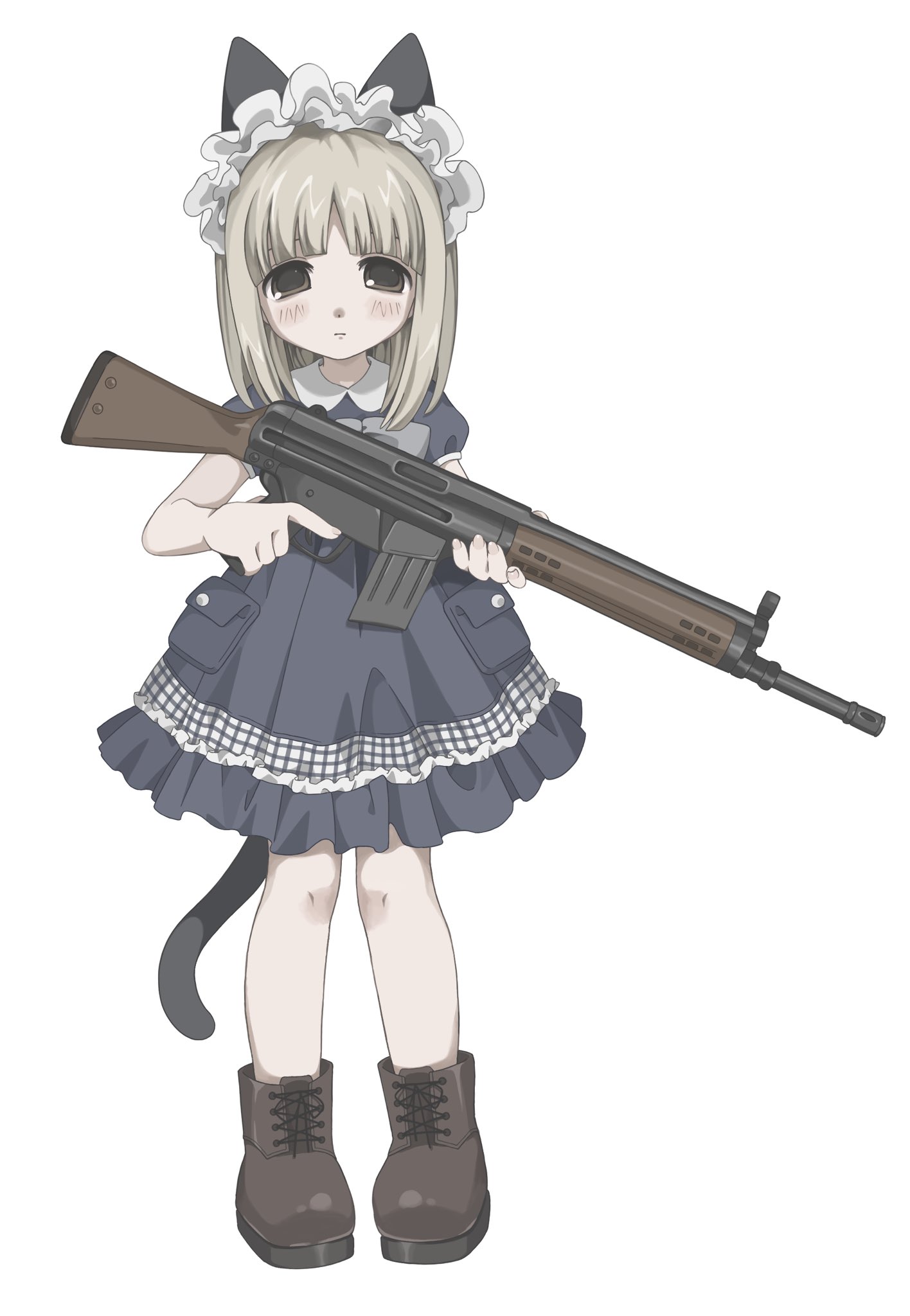 nekotan (necotqn), original, highres, 1girl, animal ears, ankle boots, blonde hair, boots, brown boots, brown hair, cat ears, cat girl, cat tail, closed mouth, collared dress, dress, expressionless, full body, grey dress, gun, holding, holding weapon, looking at viewer, medium hair, pouch, puffy short sleeves, puffy sleeves, short sleeves, simple background, solo, straight-on, tail, weapon, white background, white headdress
