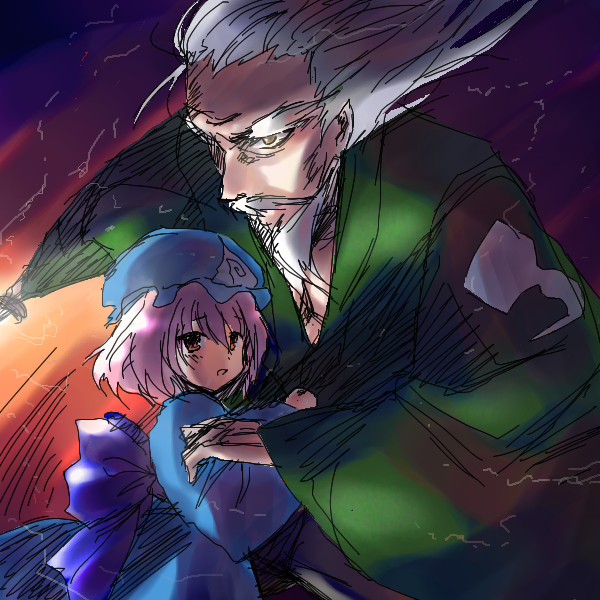 konpaku youki, saigyouji yuyuko, touhou, 1boy, 1girl, aged down, gradient background, hat, japanese clothes, katana, kimono, mob cap, sword, weapon