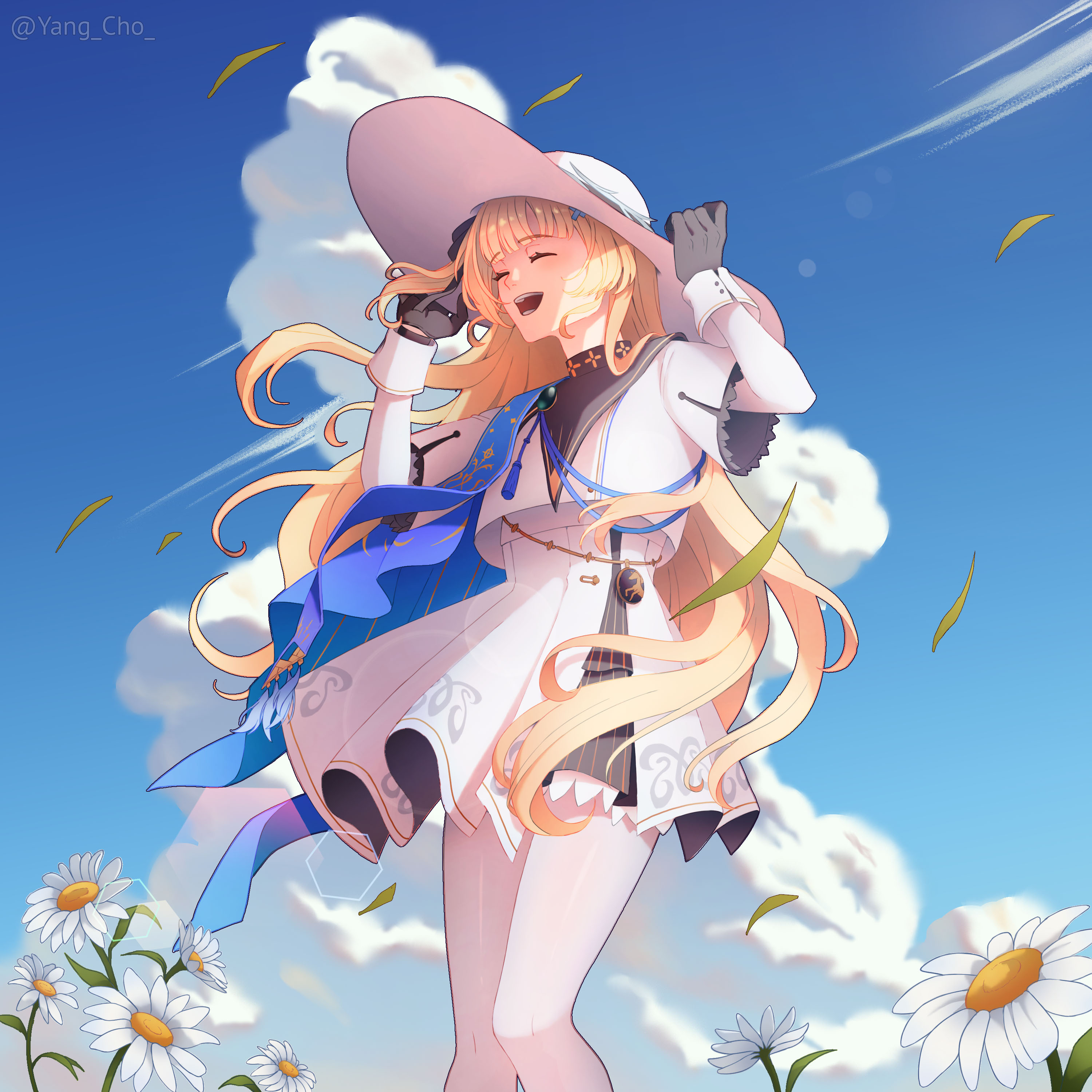 phoebe (wuthering waves), wuthering waves, absurdres, commentary, highres, 1girl, black collar, black gloves, blonde hair, blue sash, blue sky, closed eyes, collar, day, gloves, hands up, hat, high-waist skirt, long hair, long sleeves, open mouth, outdoors, pantyhose, sash, shirt, skirt, sky, smile, solo, very long hair, white hat, white pantyhose, white shirt, white skirt, yang cho (mxve7874)