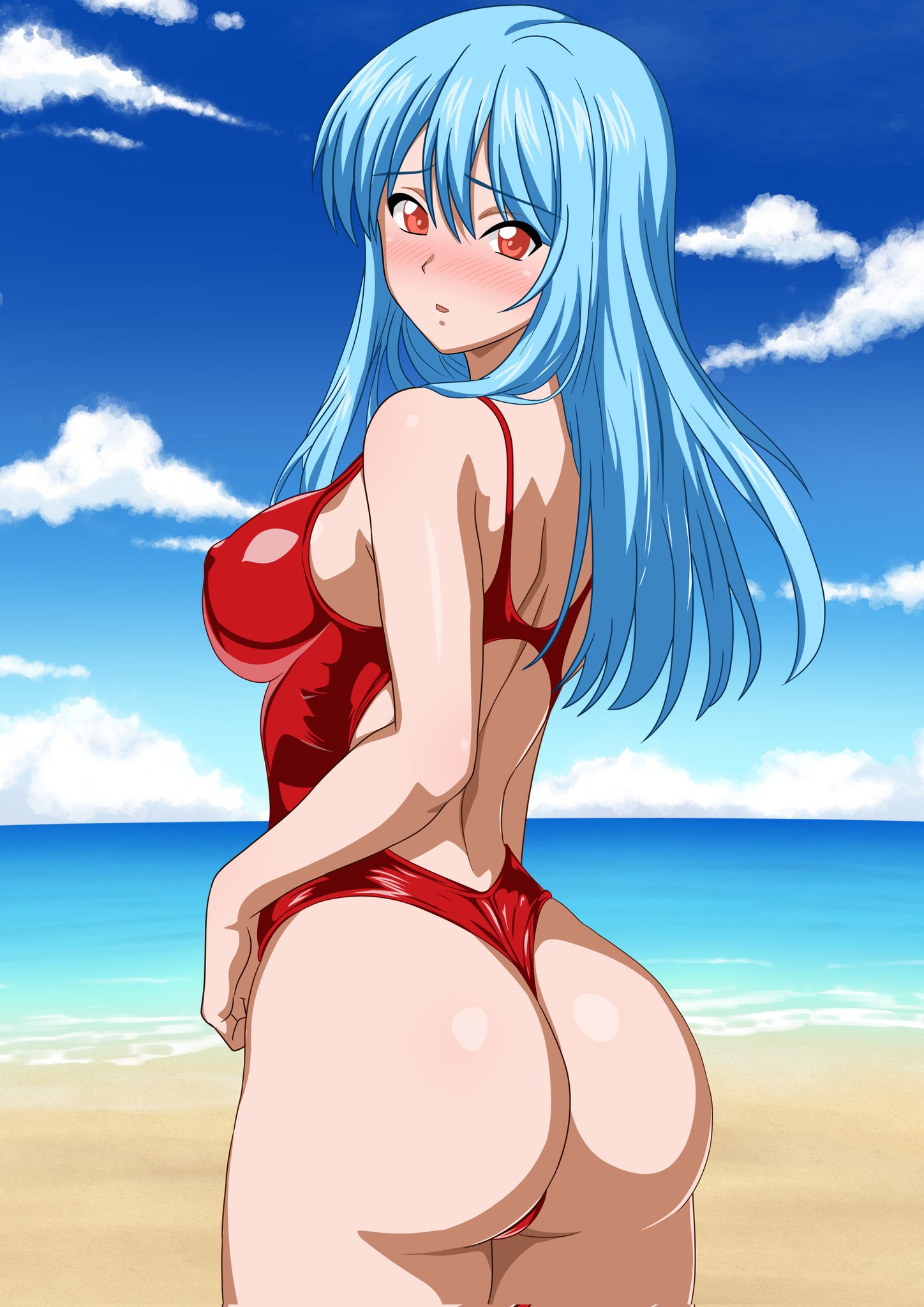 yuuyuu (3jjbn), priest (dq3), dragon quest, dragon quest iii, highres, 1girl, beach, blue hair, blue sky, blush, breasts, cloud, competition swimsuit, day, horizon, long hair, medium breasts, nose blush, ocean, one-piece swimsuit, one-piece thong, orange eyes, outdoors, racerback, red one-piece swimsuit, sky, solo, swimsuit