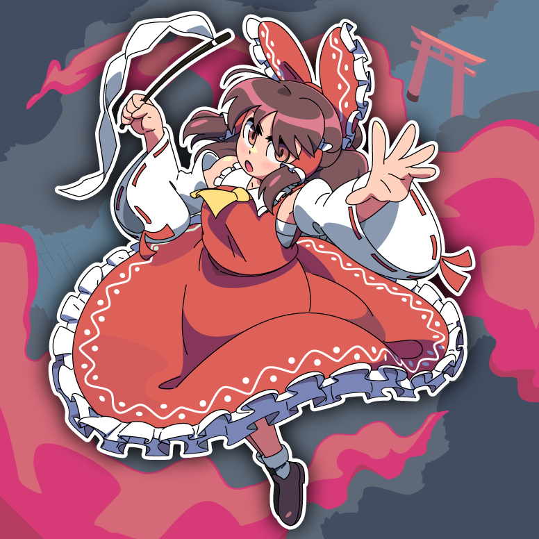 maestro celeste, hakurei reimu, touhou, 1girl, ascot, bare shoulders, bow, brown eyes, brown hair, chest sarashi, collared shirt, detached sleeves, flying, frilled skirt, frills, gohei, hair bow, hair tubes, holding, holding gohei, long hair, outstretched arm, red bow, red skirt, sarashi, shirt, skirt, solo, torii, two-tone bow, white bow, white trim, wide sleeves, yellow ascot