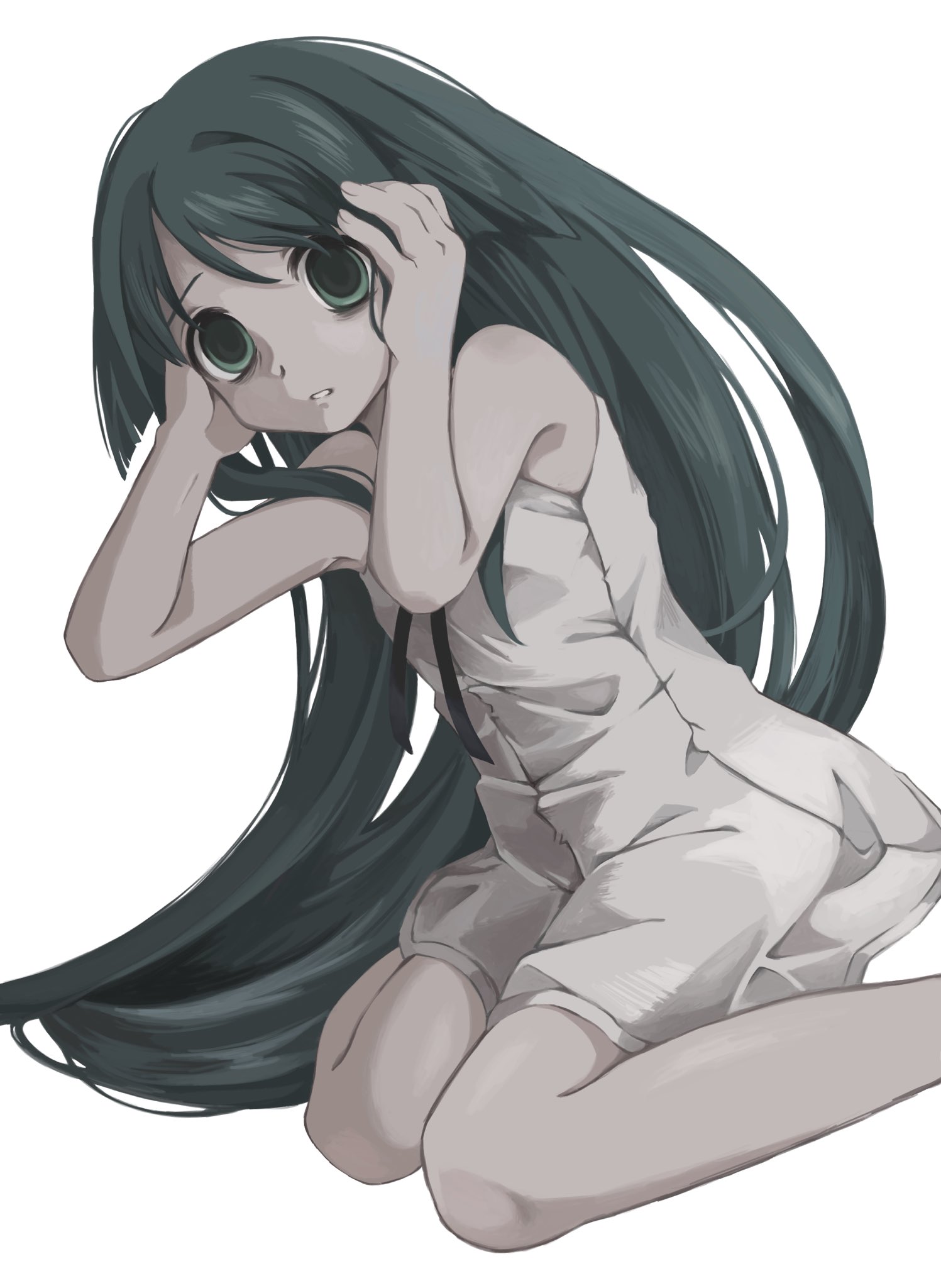 nekotan (necotqn), saya (saya no uta), saya no uta, highres, 1girl, dress, empty eyes, green eyes, green hair, hair flaps, hands on own head, long hair, simple background, sitting, solo, sundress, very long hair, white background, white dress