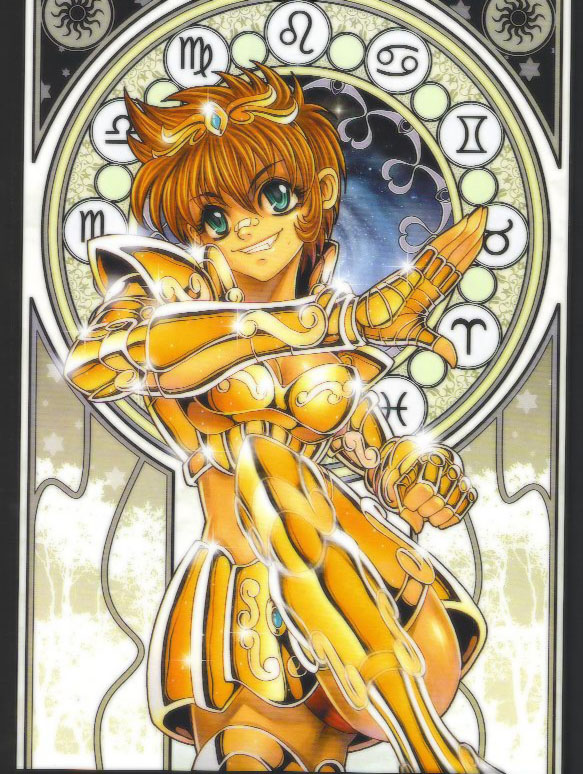 saint seiya, character request, 1girl, armor, bandages, blue eyes, brown hair, female focus, short hair, solo, zodiac