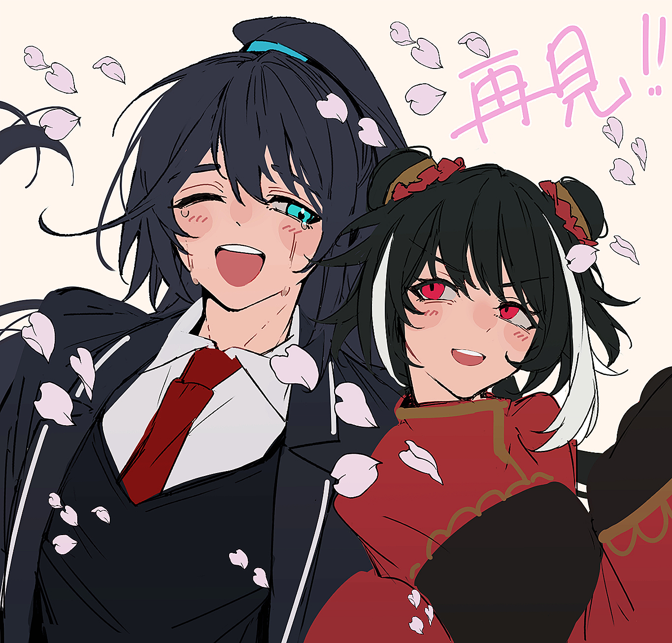 nakame77, hong lu (project moon), jia xichun (project moon), limbus company, project moon, highres, 1boy, 1girl, black coat, black dress, black hair, black vest, blue eyes, cherry blossoms, chinese clothes, coat, collared shirt, double bun, dress, hair bun, high ponytail, long hair, long sleeves, looking at another, multicolored hair, necktie, one eye closed, open mouth, pink eyes, ponytail, red necktie, red shrug, shirt, siblings, simple background, smile, streaked hair, twintails, upper body, vest, white shirt, yellow background