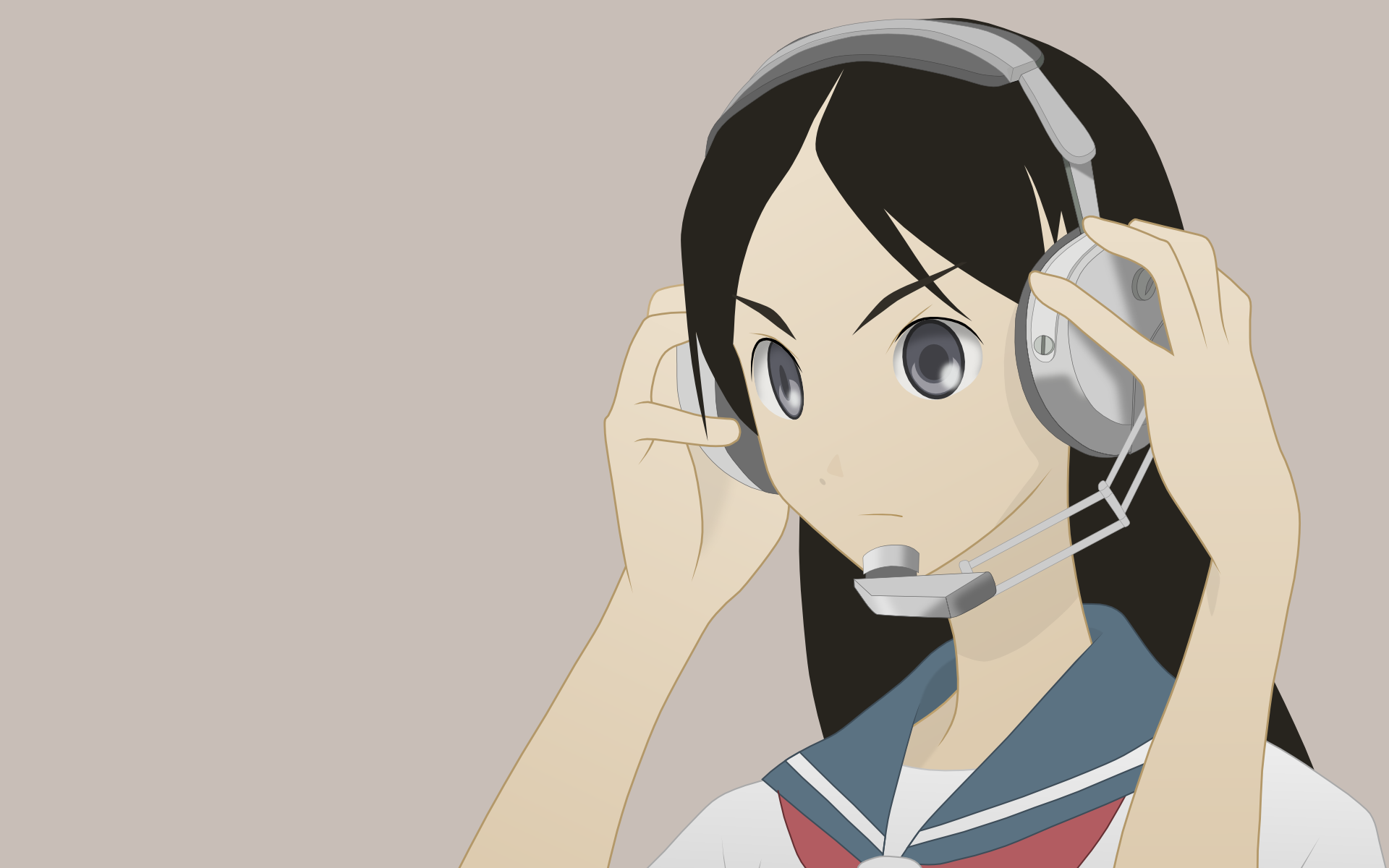 kitsu chiri, sayonara zetsubou sensei, derivative work, highres, vector trace, 00s, 1girl, black hair, blue eyes, female focus, headset, just as planned (meme), long hair, meme, parted bangs, school uniform, serafuku, solo