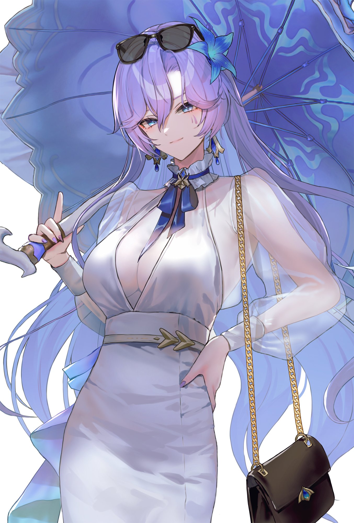 hanato (seonoaiko), cantarella (wuthering waves), wuthering waves, highres, 1girl, bag, black bag, blue eyes, blue flower, breasts, closed mouth, collar, dress, earrings, eyewear on head, facial mark, fingernails, flower, frilled collar, frills, hair between eyes, hair flower, hair ornament, holding, holding umbrella, jewelry, large breasts, long fingernails, long hair, looking at viewer, mark under eye, nail polish, neck ribbon, official alternate costume, parasol, purple hair, purple nails, purple ribbon, purple umbrella, ribbon, see-through cleavage, see-through clothes, see-through shirt, shirt, shoulder bag, smile, solo, sunglasses, umbrella, very long hair, white collar, white dress, white shirt