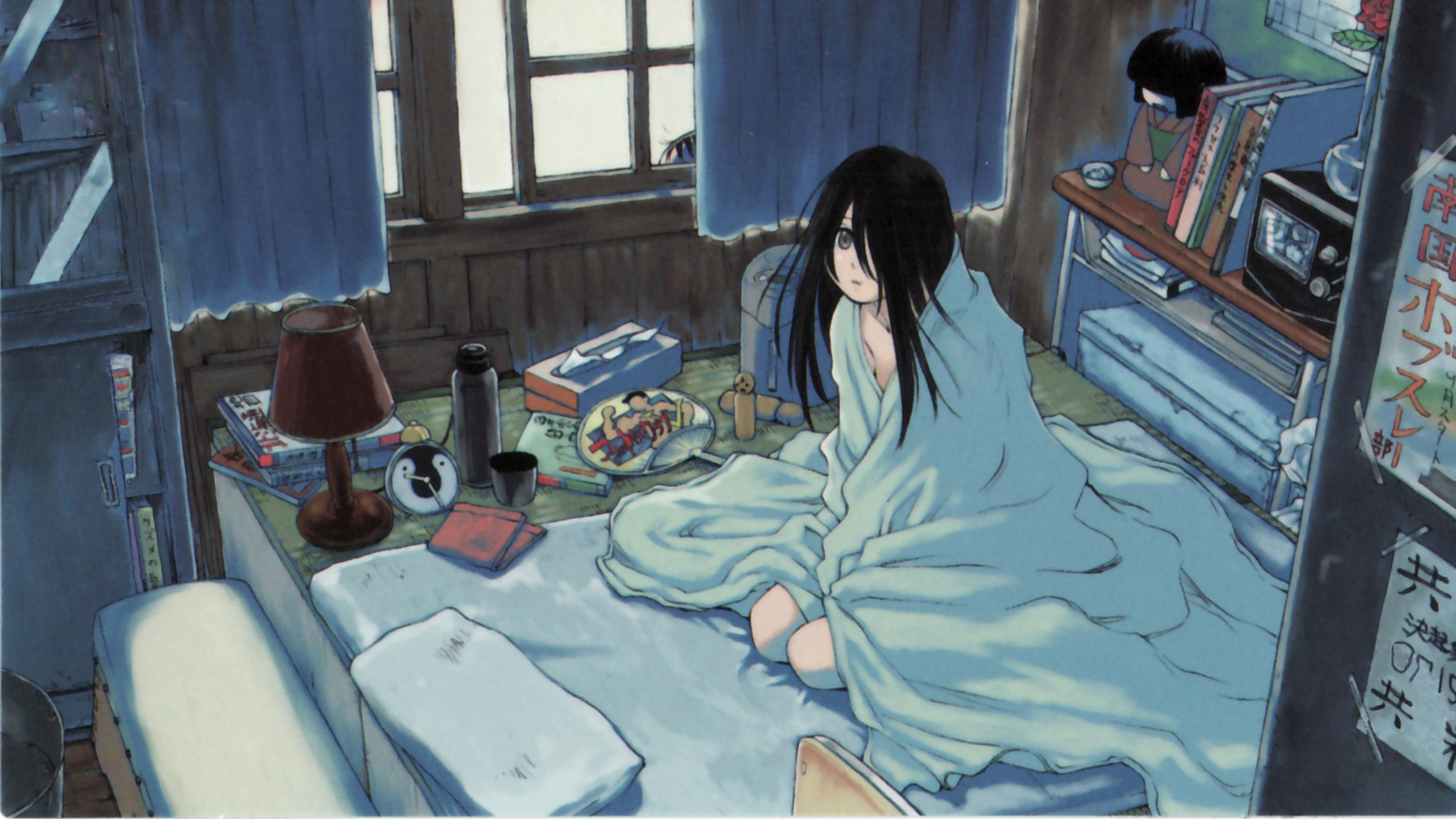 komori kiri, usui kagerou, sayonara zetsubou sensei, highres, scan, 00s, 1boy, 1girl, black eyes, black hair, blanket, full body, futon, hair over one eye, hikikomori, indoors, kneeling, outdoors, tatami, under covers, window