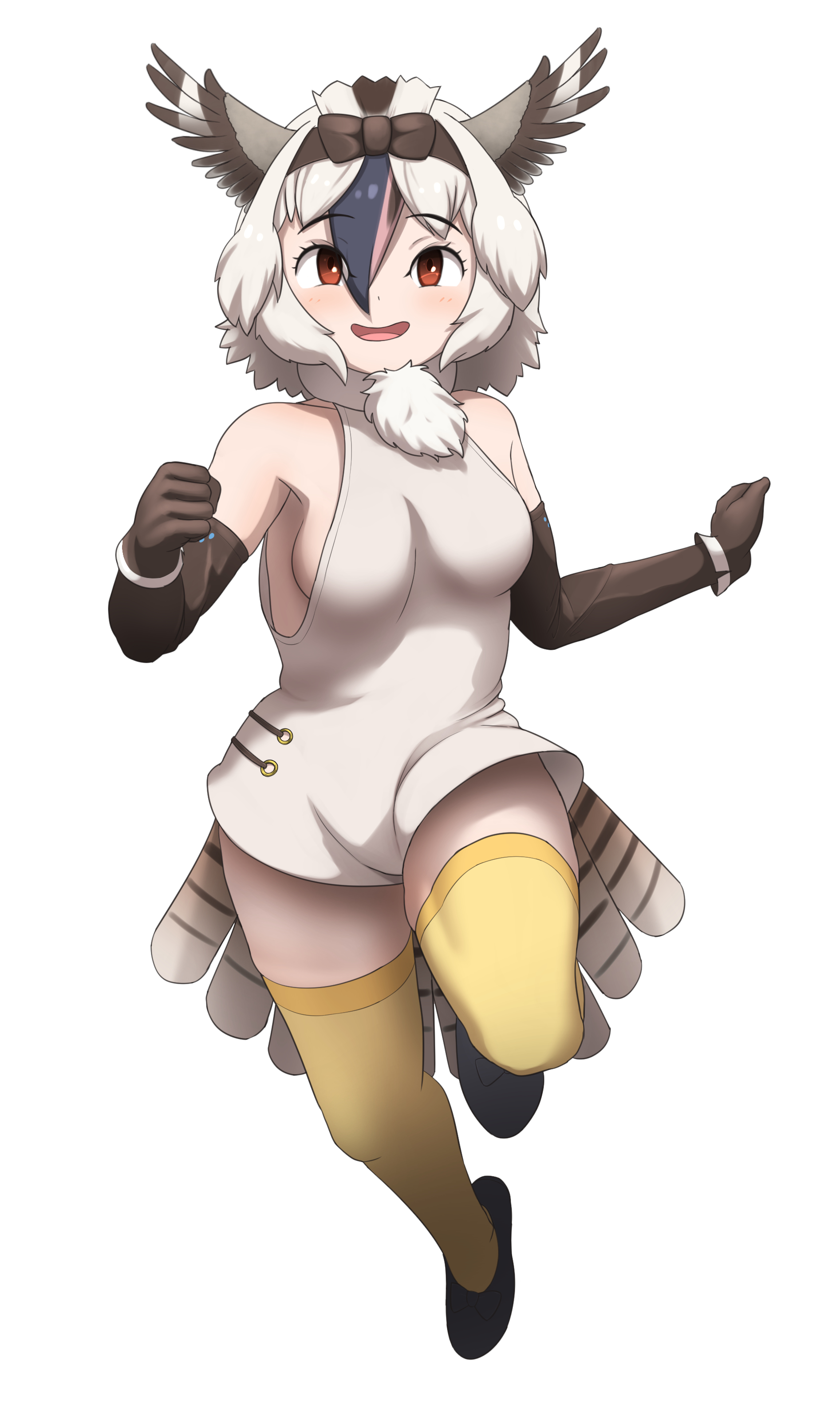 rest in muni, kemono friends, absurdres, highres, 1girl, bare shoulders, bird girl, bird tail, bird wings, black hair, black shoes, bow, brown bow, brown gloves, brown hair, elbow gloves, gloves, hair between eyes, hair bow, head wings, laughing kookaburra (kemono friends), multicolored hair, orange eyes, pink hair, shirt, shoes, short hair, sidelocks, sleeveless, solo, tail, thighhighs, white hair, white shirt, wings, yellow thighhighs, zettai ryouiki