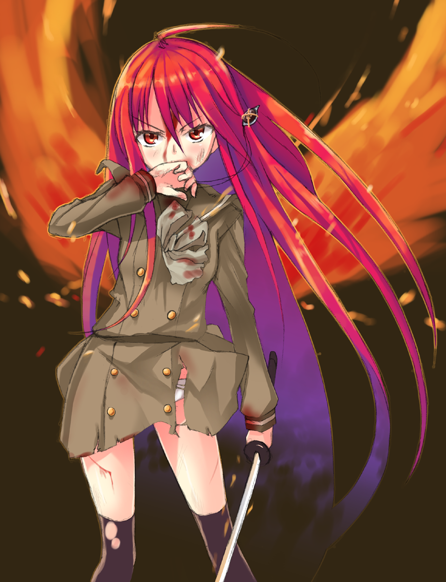 gin (ginshari), alastor (shakugan no shana), shana, shakugan no shana, bad id, bad pixiv id, highres, 00s, 1girl, bleeding, blood, blood on clothes, blood on face, female focus, injury, jewelry, pendant, red eyes, red hair, school uniform, serafuku, solo, sword, thighhighs, torn clothes, weapon