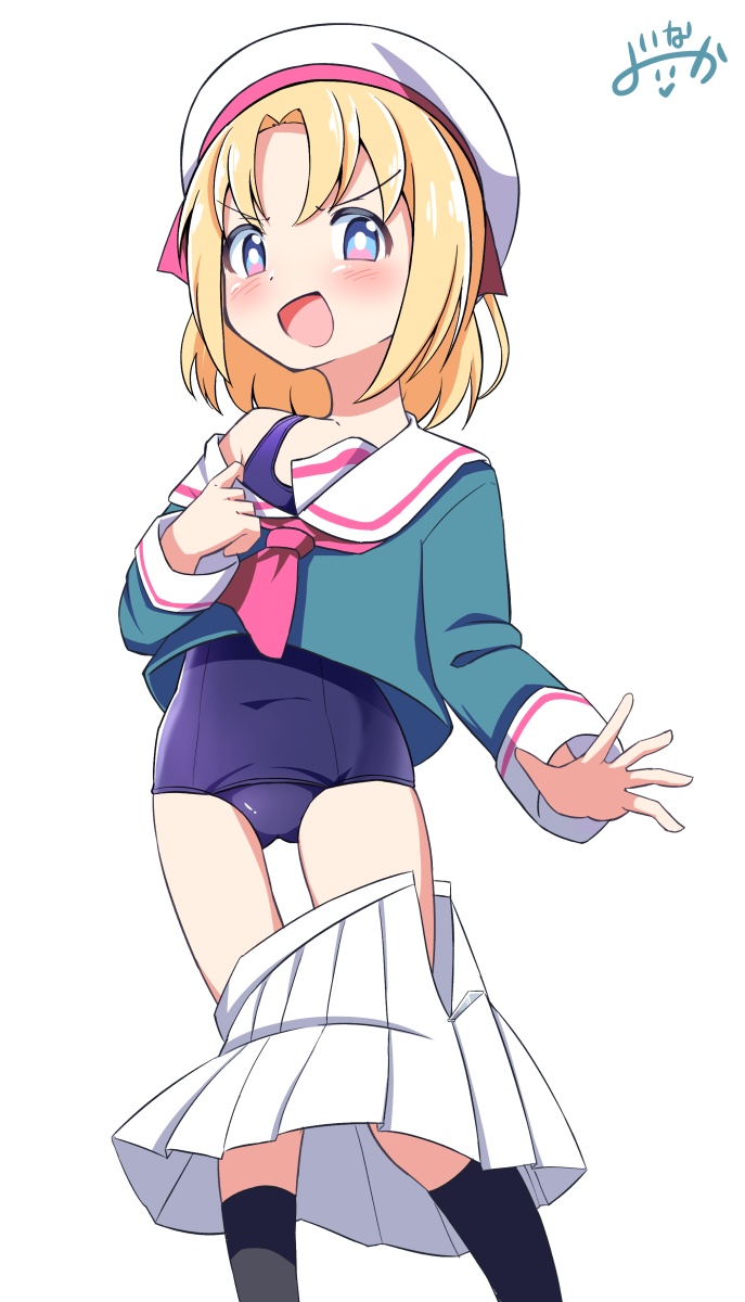 inakami, lily baker, game center shoujo to ibunka kouryuu, highres, 1girl, artist logo, black socks, blonde hair, blue eyes, blue one-piece swimsuit, feet out of frame, green shirt, hat, logo, looking at viewer, neckerchief, old school swimsuit, one-piece swimsuit, open mouth, pink neckerchief, pleated skirt, sailor collar, sailor shirt, school swimsuit, shirt, short hair, simple background, skirt, socks, solo, swimsuit, swimsuit under clothes, unworn clothes, v-shaped eyebrows, white background, white hat, white sailor collar, white skirt