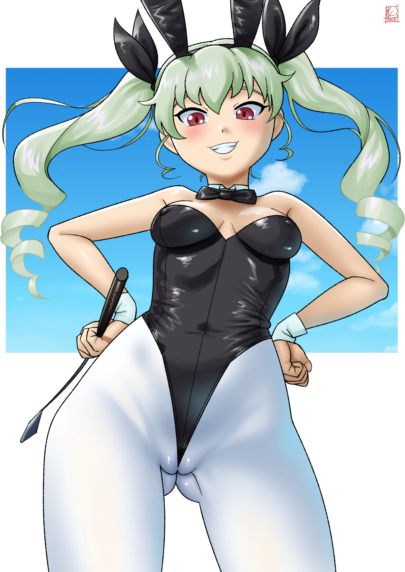 matsuda shin, anchovy (girls und panzer), girls und panzer, commentary request, highres, 1girl, animal ear hairband, animal ears, black bow, black bowtie, black leotard, black ribbon, bow, bowtie, breasts, cowboy shot, detached collar, drill hair, fake animal ears, from below, frontal wedgie, gluteal fold, green hair, grin, hair ribbon, hairband, hands on own hips, leotard, medium breasts, pantyhose, playboy bunny, rabbit ears, red eyes, ribbon, riding crop, smile, solo, strapless, strapless leotard, twin drills, wedgie, white pantyhose, wrist cuffs