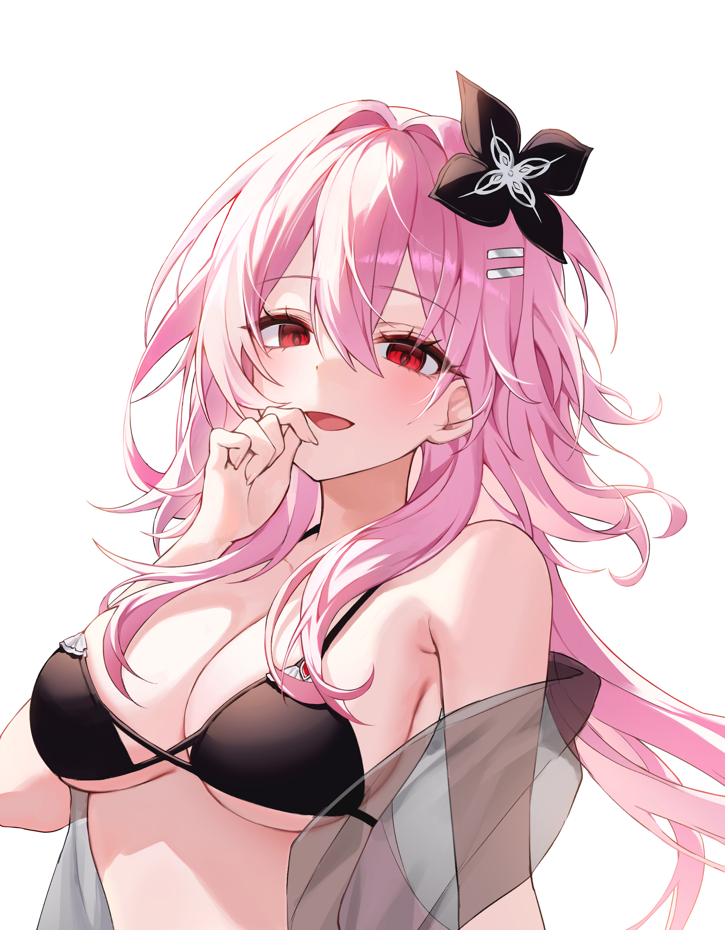 soymilk arts2, evernight (honkai: star rail), march 7th (honkai: star rail), honkai: star rail, honkai (series), absurdres, highres, 1girl, bikini, black bikini, breasts, cleavage, flower, hair flower, hair ornament, large breasts, long hair, looking at viewer, open mouth, red eyes, simple background, solo, stomach, swimsuit, underboob, upper body, very long hair, white background