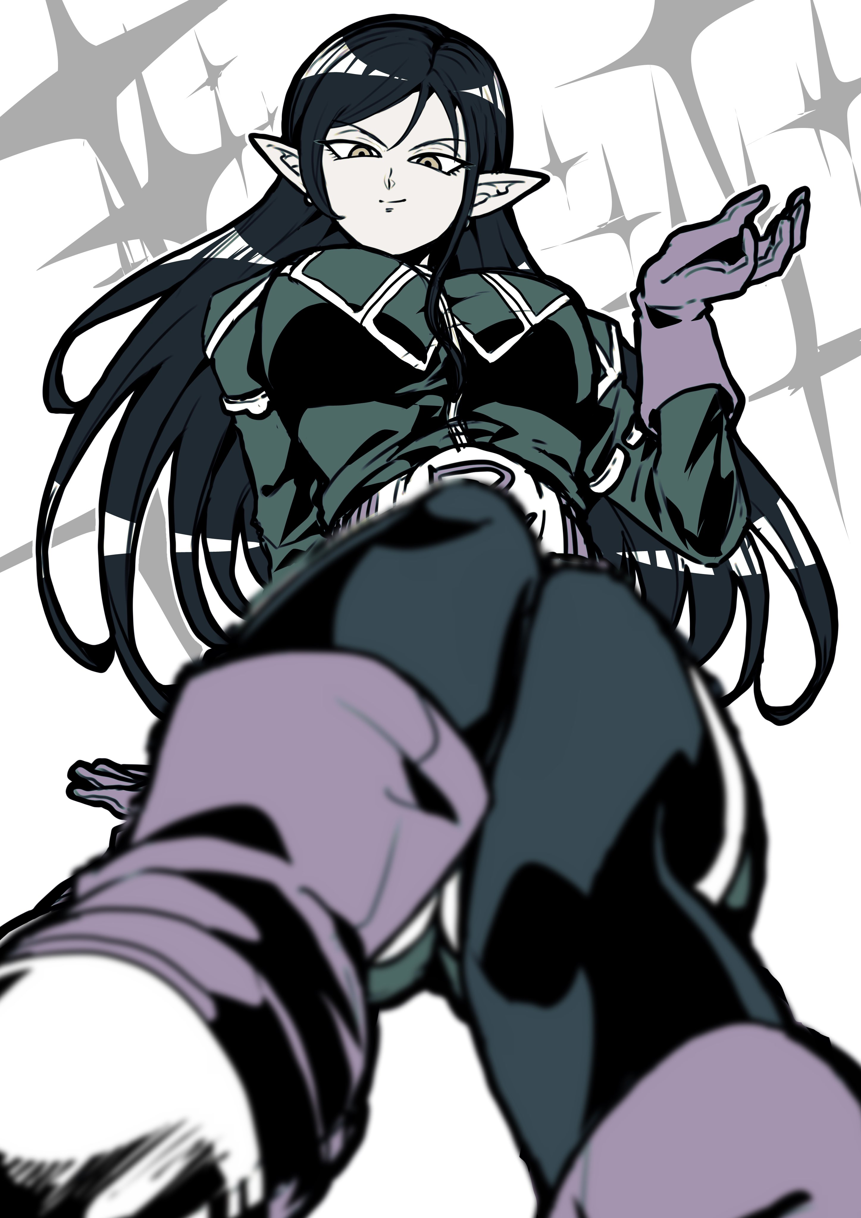 otyumamii, robelu, dragon ball, dragon ball heroes, absurdres, commentary request, highres, 1girl, arm support, armlet, blouse, blurry, blurry foreground, boots, breasts, demon girl, depth of field, earrings, from below, gloves, greyscale, invisible chair, jewelry, large breasts, leggings, long hair, looking at viewer, looking down, monochrome, pointy ears, shirt, sitting, sketch, smirk, solo, white background