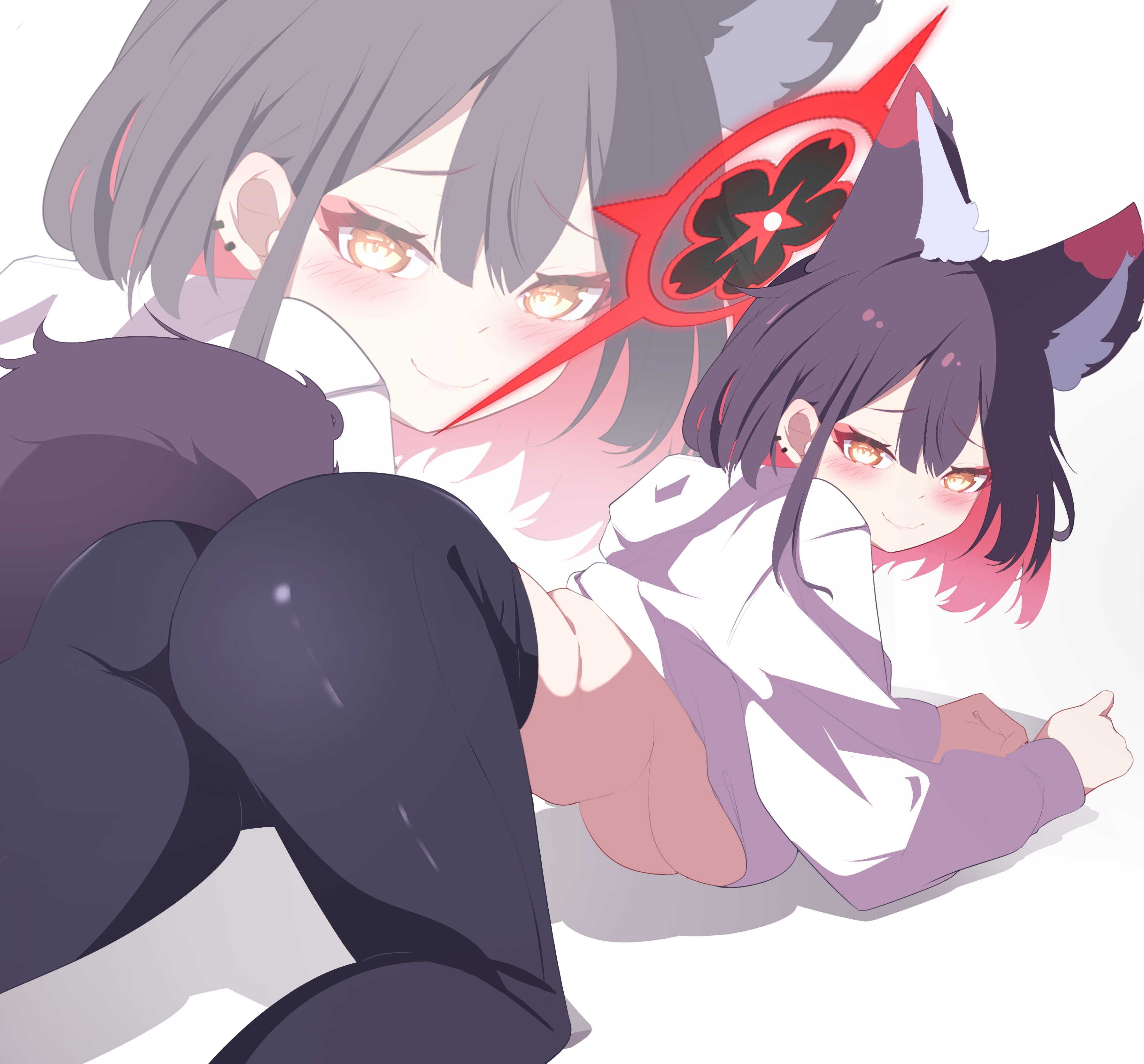 amebrew, wakamo (blue archive), blue archive, absurdres, commentary request, highres, 1girl, all fours, alternate costume, animal ear fluff, animal ears, ass, black hair, black pants, blush, breasts, closed mouth, clothes lift, colored inner hair, extra ears, fox ears, fox girl, fox tail, from side, halo, hood, hoodie, large breasts, looking at viewer, multicolored hair, pants, red hair, red halo, short hair, simple background, smile, sweater, sweater lift, tail, underboob, white background, white sweater, yellow eyes, yoga pants, zoom layer