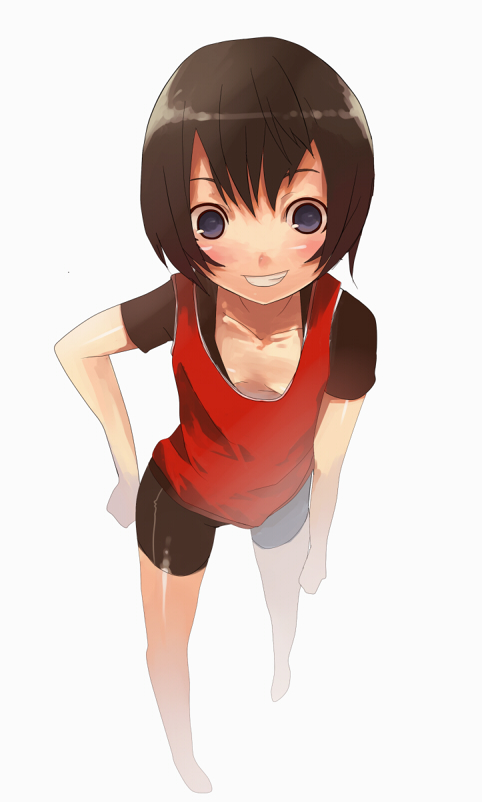 waa, cheryl (arc the lad), arc the lad, arc the lad iii, 1girl, androgynous, bike shorts, breasts, brown hair, cleavage, female focus, grin, reverse trap, short hair, small breasts, smile, solo, tomboy