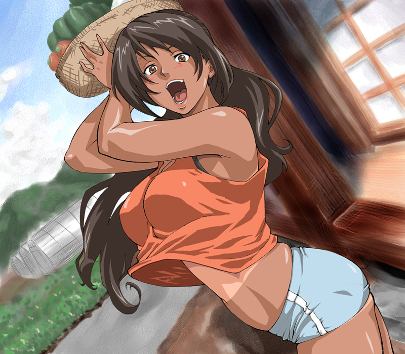 kuzukago (bitchmaker), no graffiti, incest paradise, 1girl, arms up, basket, black bra, blush, bra, breasts, brown eyes, brown hair, carrot, cloud, dark-skinned female, dark skin, day, dutch angle, female focus, food, hill, large breasts, long hair, midriff, open mouth, outdoors, pumpkin, shiny skin, shirt tan, short shorts, shorts, shorts tan, shouji, skindentation, sky, sliding doors, solo, tan, tank top, tanline, underwear, vegetable, veranda