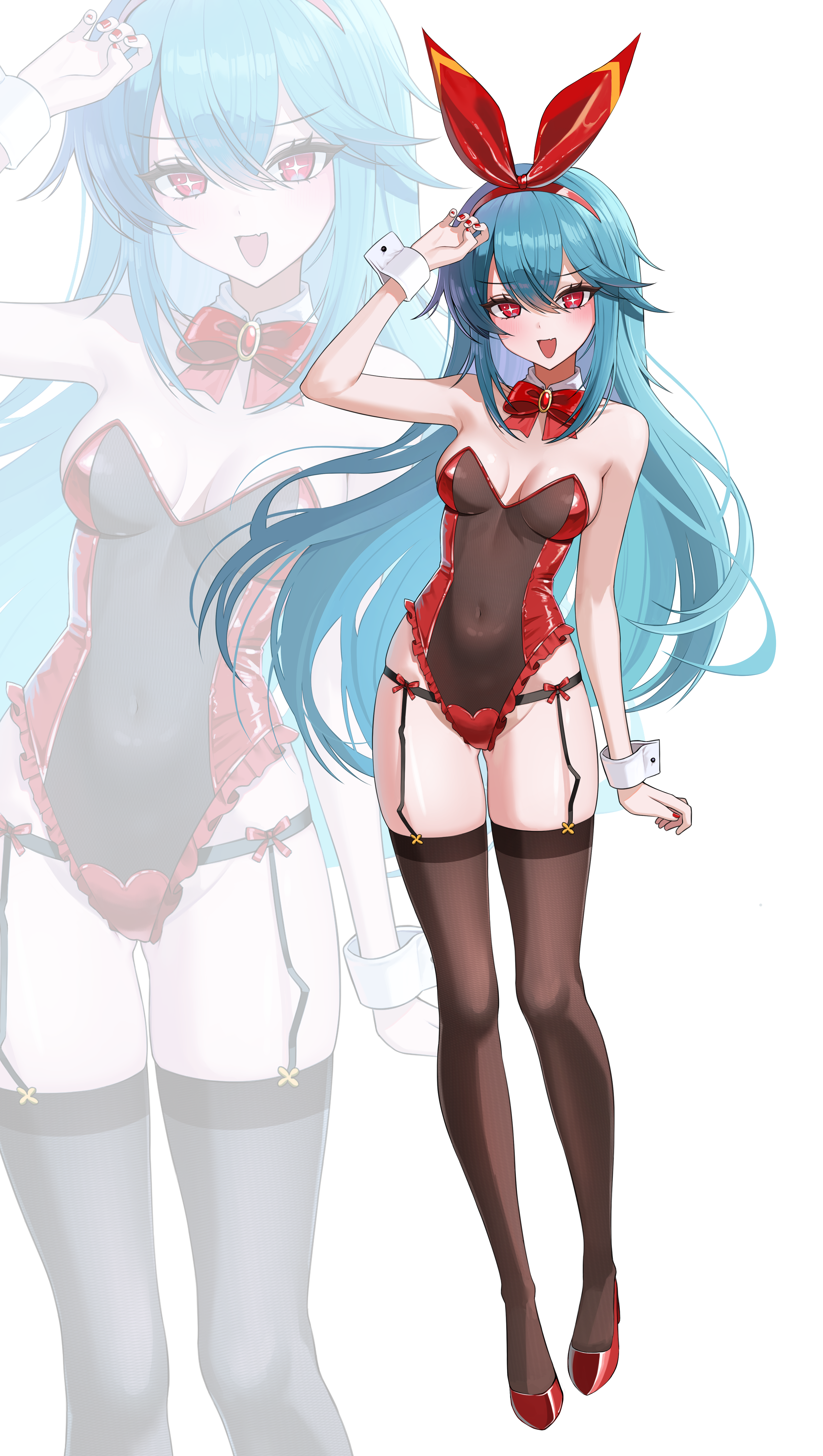 suisen (suisenhwa), bianca (black survival), black survival, eternal return: black survival, absurdres, highres, 1girl, arm up, armpits, bare shoulders, black leotard, blue hair, bow, bowtie, breasts, breasts apart, brown thighhighs, covered navel, detached collar, frilled leotard, frills, full body, garter straps, hair between eyes, hair ribbon, high heels, highleg, highleg leotard, leotard, long hair, looking at viewer, medium breasts, nail polish, open mouth, playboy bunny, red eyes, red nails, red shoes, ribbon, shoes, simple background, smile, solo, sparkling eyes, thighhighs, thighs, v-shaped eyebrows, very long hair, white background, wrist cuffs, zoom layer