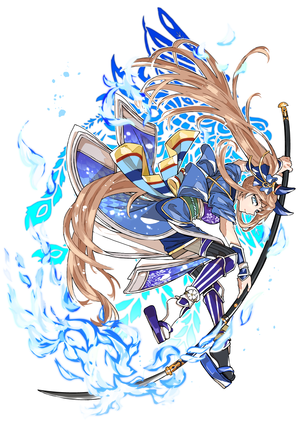 asuka (junerabitts), grass wonder (honor of the blue flame) (umamusume), grass wonder (umamusume), umamusume, highres, 1girl, animal ears, armor, black socks, blue eyes, blue fire, blue kimono, breasts, brown hair, closed mouth, fire, hair between eyes, hair ornament, holding, holding polearm, holding weapon, horse ears, horse girl, horse tail, japanese armor, japanese clothes, kimono, long hair, mismatched socks, naginata, official alternate costume, official alternate hairstyle, polearm, ponytail, sandals, socks, solo, tail, thighhighs, weapon, white hair, white socks