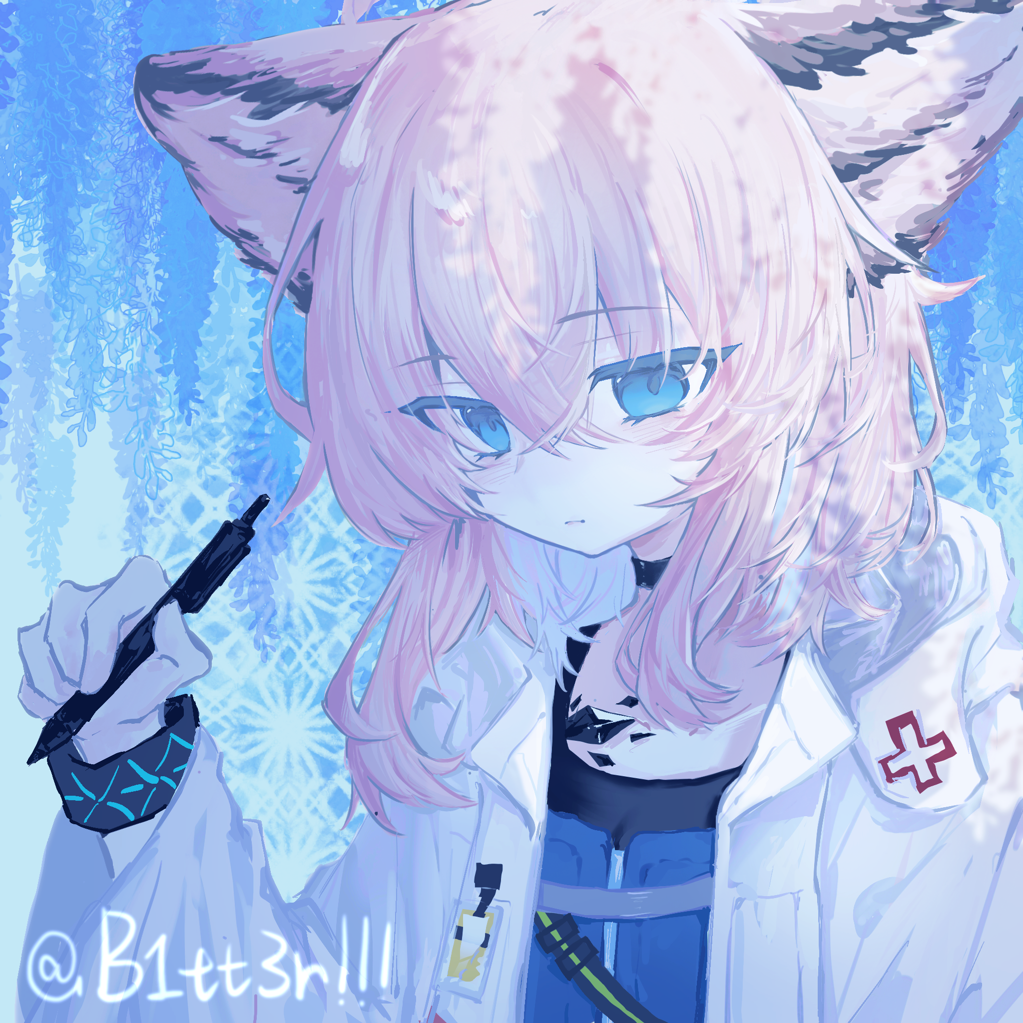 infection monitor (arknights), sussurro (arknights), arknights, highres, 1girl, animal ears, black choker, blue background, blue eyes, bracelet, choker, coat, collarbone, cross, fox ears, fox girl, greek cross, hair between eyes, holding, holding pen, jewelry, kuguatang54602, lanyard, material growth, medium hair, open clothes, open coat, oripathy lesion (arknights), pen, pink hair, red cross, snowflakes, solo, twitter username, upper body, white coat