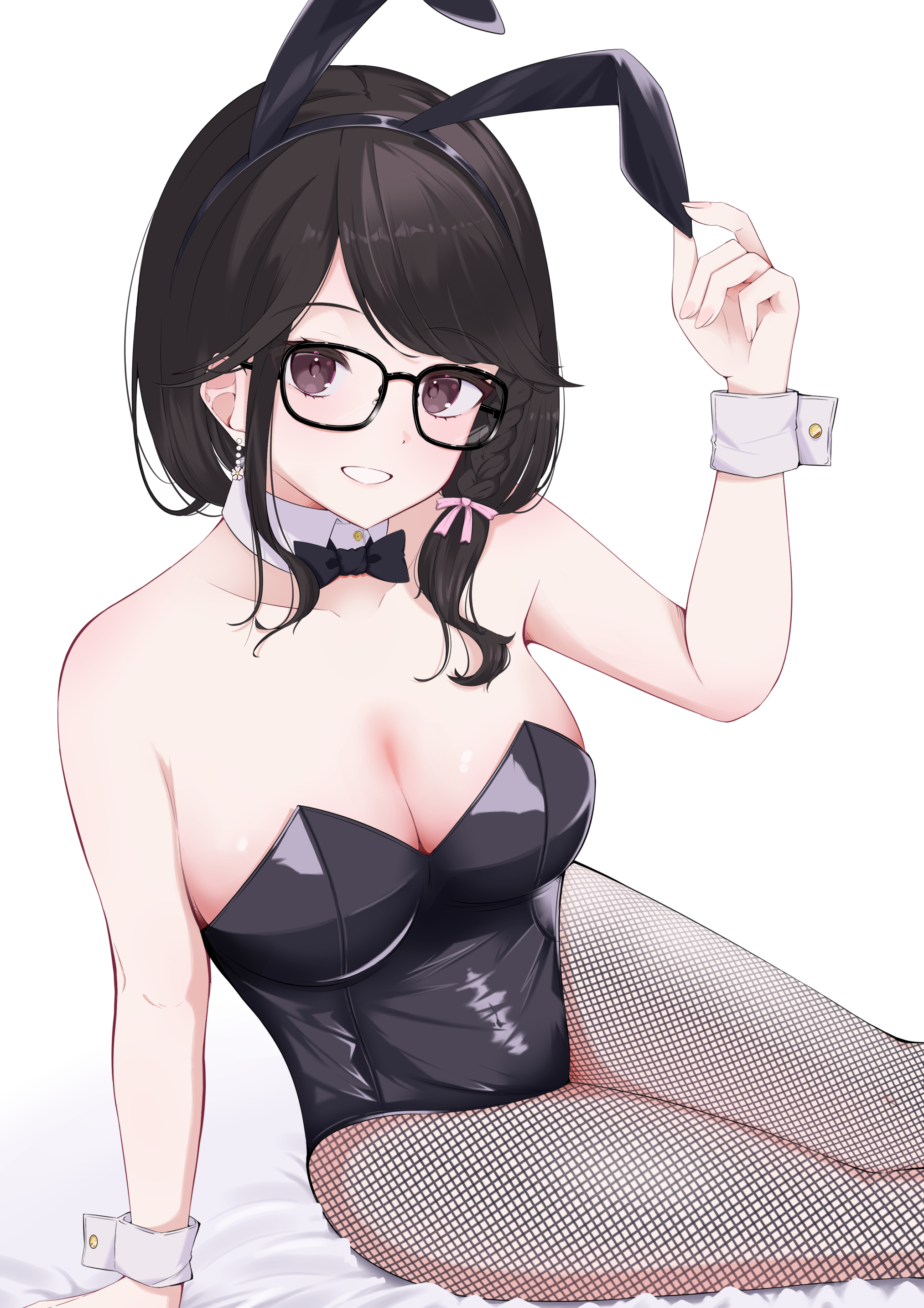 doraryu12, seto miyako, nijisanji, absurdres, highres, 1girl, animal ear hairband, animal ears, black bow, black bowtie, black hair, black leotard, bow, bowtie, breasts, brown eyes, detached collar, fake animal ears, fishnet pantyhose, fishnets, glasses, grin, hair over shoulder, hairband, leotard, long hair, medium breasts, pantyhose, playboy bunny, rabbit ears, simple background, sitting, smile, solo, strapless, strapless leotard, virtual youtuber, white background, wrist cuffs, yokozuwari