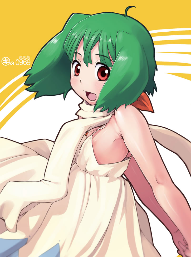 kei jiei, ranka lee, macross, macross frontier, 00s, flat chest, green hair, nipple slip, nipples, red eyes, scarf, solo