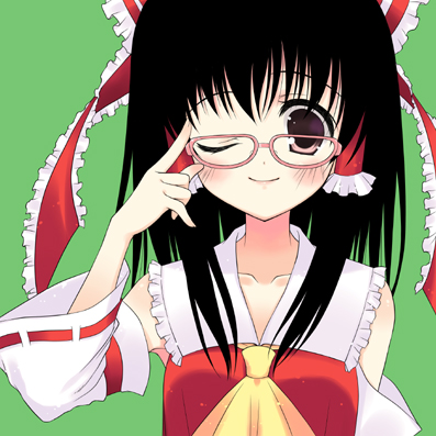 futaba miwa, hakurei reimu, touhou, bad id, bad pixiv id, lowres, 1girl, adjusting eyewear, bare shoulders, bespectacled, black hair, detached sleeves, female focus, glasses, japanese clothes, miko, one eye closed, ribbon, simple background, smile, solo, upper body, wink