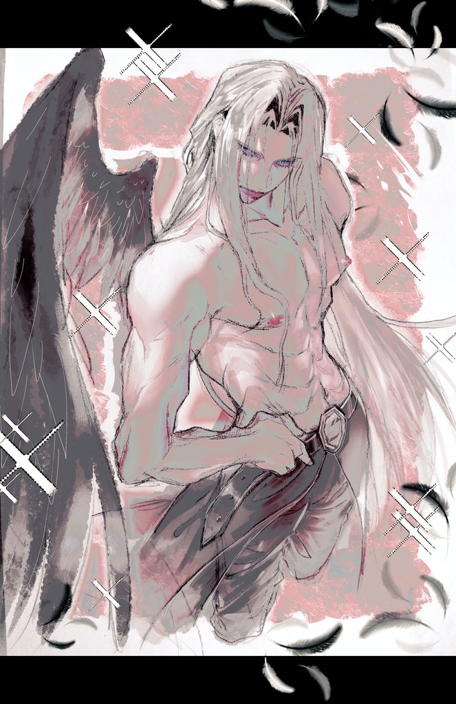 sephiroth, final fantasy, final fantasy vii, final fantasy vii remake, 1boy, adapted costume, alternate eye color, belt, bishounen, black belt, black pants, black wings, blue eyes, cowboy shot, cropped legs, expressionless, falling feathers, feathered wings, feathers, grey hair, hair intakes, hand on own hip, long bangs, long hair, looking to the side, lzunxit, male focus, pants, pink background, pink lips, puffy nipples, sidelighting, single wing, solo, sparkle, standing, toned, toned male, topless male, upper body, very long hair, waist cape, wings
