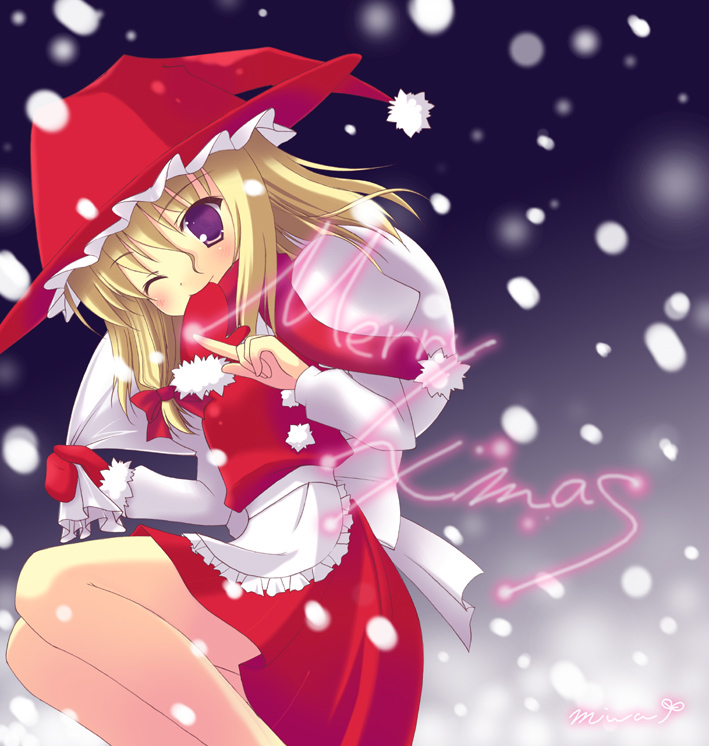 futaba miwa, kirisame marisa, perfect cherry blossom, touhou, bad id, bad pixiv id, 1girl, blonde hair, christmas, dress, female focus, gradient background, hat, one eye closed, outdoors, purple eyes, santa costume, sky, snow, snowing, solo, wink