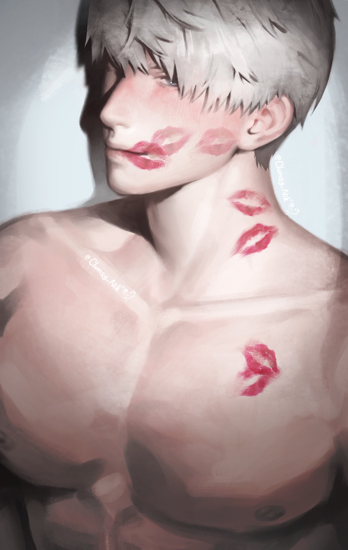 xavier (love and deepspace), love and deepspace, highres, 1boy, adam's apple, blue eyes, closed mouth, collarbone, grey hair, hair over one eye, light blush, lipstick mark, lipstick mark on chest, lipstick mark on face, lipstick mark on neck, looking at viewer, male focus, muscular, muscular male, nikiclumsy, nipples, pectorals, short hair, solo, upper body