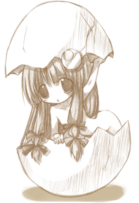 izumi yukiru, patchouli knowledge, touhou, graphite (medium), traditional media, 1girl, completely nude, crescent, crescent hair ornament, egg, female focus, hair ornament, long hair, low-tied long hair, monochrome, no nose, nude, ribbon, solo