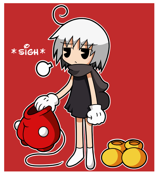 amazake (manuke no oukoku), mickey mouse, disney, original, bad source, ahoge, animal ear hood, animal ears, anime coloring, ankle socks, arm at side, bare arms, black eyes, black hood, black shirt, border, buttons, clenched hand, closed mouth, cosplay, english text, fake animal ears, fake tail, full body, furrowed brow, gloves, grey hair, holding, holding shorts, holding unworn clothes, hood, hood down, legs apart, long shirt, looking at viewer, mickey mouse (cosplay), mickey mouse ears, mouse ears, mouse tail, no nose, no sclera, outline, pac-man eyes, pants, puff of air, puffy shorts, red background, red pants, shirt, shoes, short hair, shorts, sigh, sleeveless, sleeveless shirt, socks, solo, standing, tail, thick lineart, toon (style), toon gloves, two-tone background, unworn shoes, unworn shorts, waving, white border, white gloves, white outline, yellow shoes