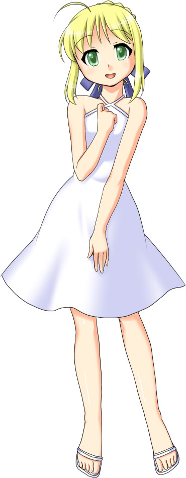 manjiduka, artoria pendragon (fate), saber (fate), fate/stay night, fate (series), 00s, alternate costume, blonde hair, dress, green eyes, sandals, solo