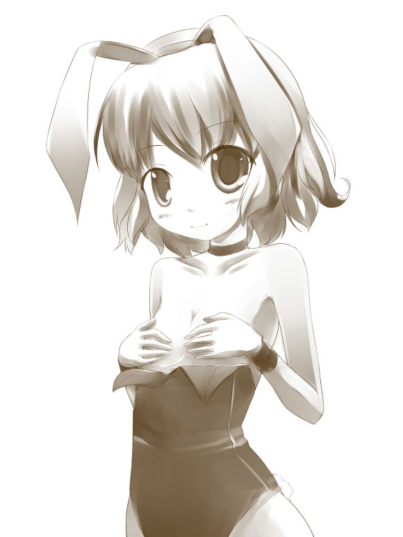 kuro (be ok), original, 1girl, animal ears, breasts, brown theme, choker, covering breasts, covering privates, fake animal ears, female focus, leotard, monochrome, playboy bunny, rabbit ears, solo