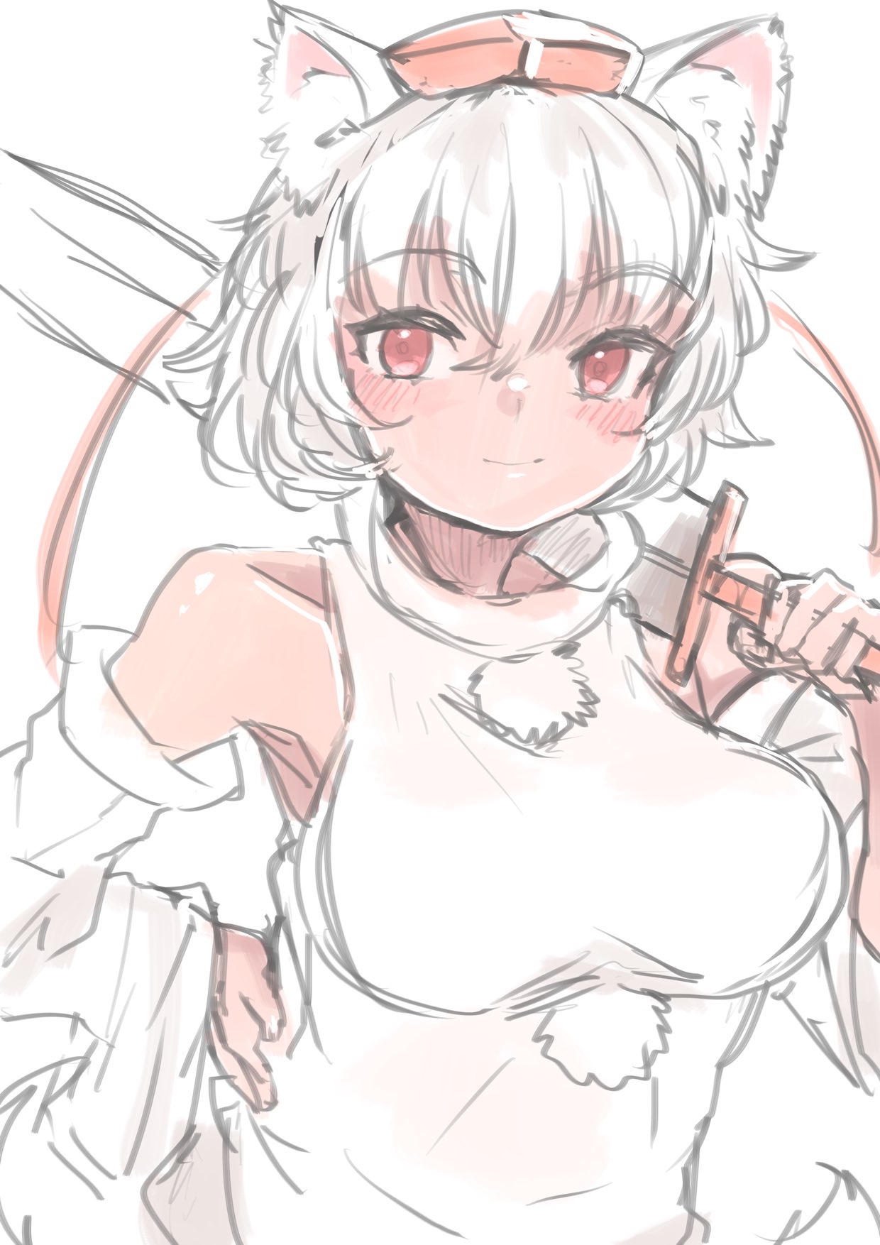 yoyoiro (sysi20), inubashiri momiji, touhou, commentary request, highres, 1girl, animal ear fluff, animal ears, breasts, closed mouth, crossed bangs, detached sleeves, hand on own hip, hat, holding, holding sword, holding weapon, large breasts, light smile, long sleeves, looking at viewer, messy hair, over shoulder, pom pom (clothes), red eyes, red hat, shirt, short hair, simple background, solo, sword, sword over shoulder, tail, tokin hat, upper body, weapon, weapon over shoulder, white background, white shirt, wide sleeves, wolf ears, wolf girl, wolf tail