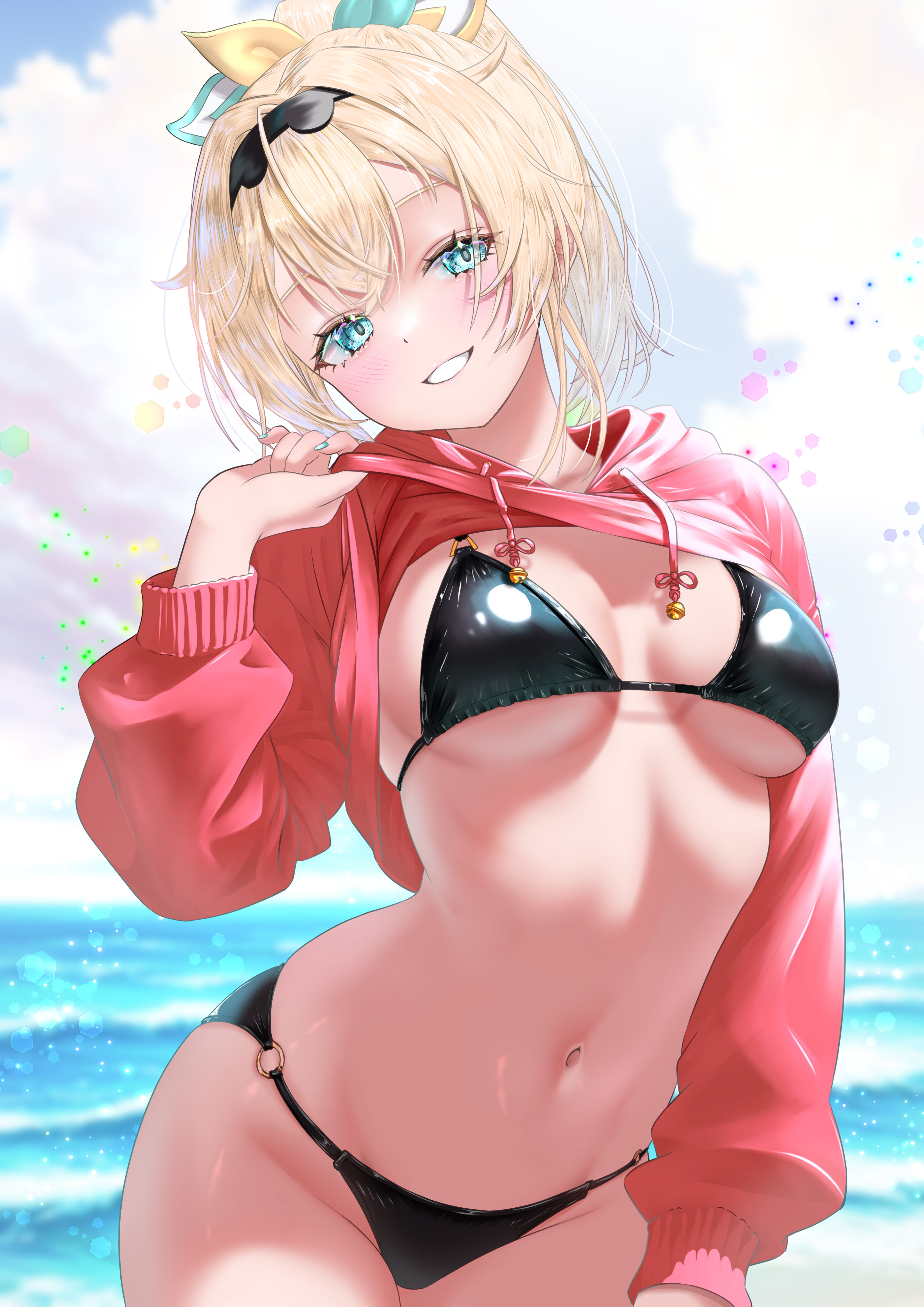 nanaki24, kazama iroha, hololive, absurdres, highres, 1girl, bikini, black bikini, blonde hair, blue eyes, blue sky, breasts, clothes lift, cloud, cowboy shot, day, drawstring, grin, hood, hoodie, horizon, long hair, looking at viewer, medium breasts, navel, o-ring bikini bottom, ocean, outdoors, ponytail, red hoodie, red sweater, sky, smile, solo, sweater, sweater lift, swimsuit, virtual youtuber