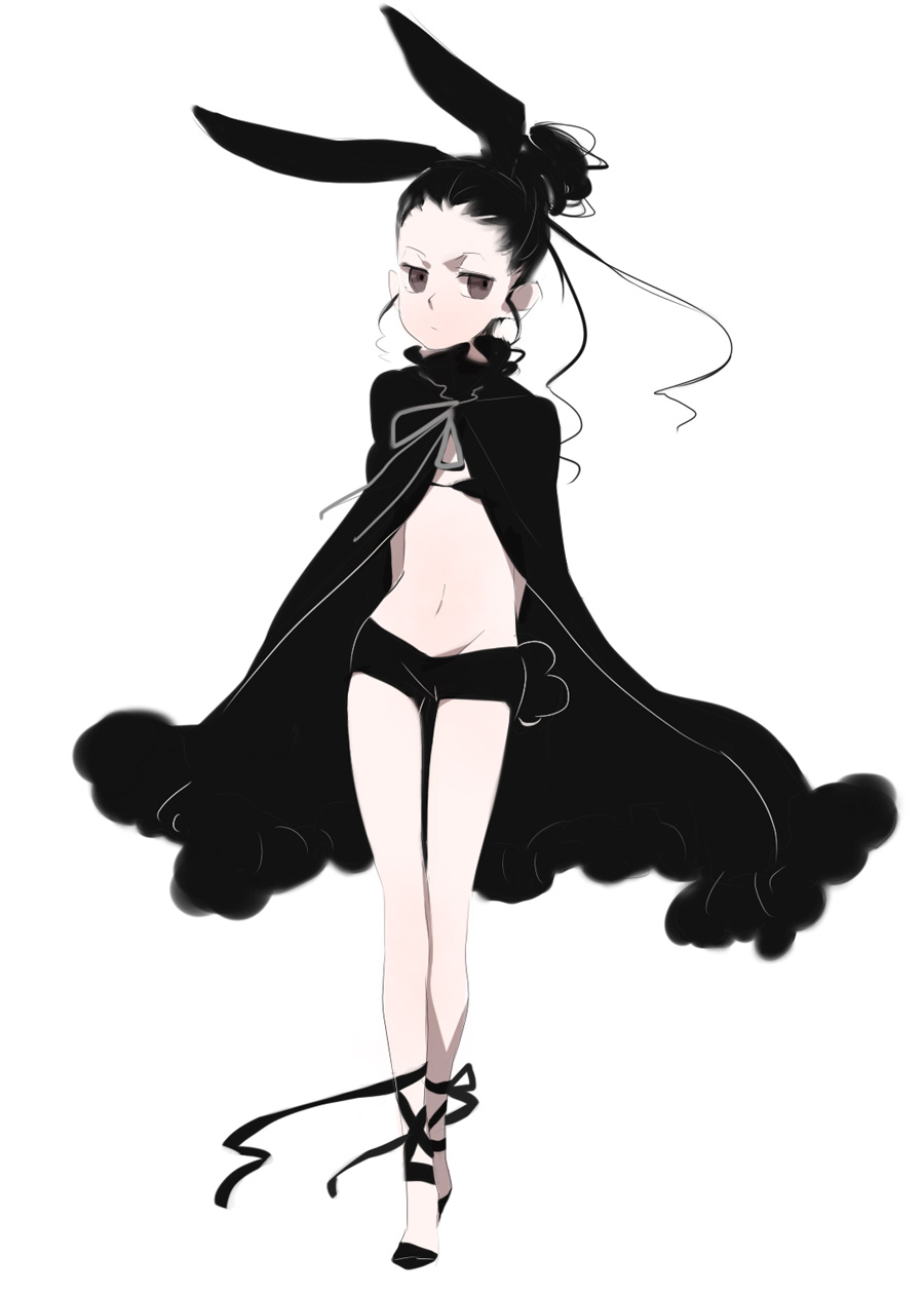 kazune (baumkuchen), waon, original, highres, animal ears, black hair, brown eyes, cloak, frown, hair bun, legs, rabbit ears, ribbon, single hair bun, solo, torso